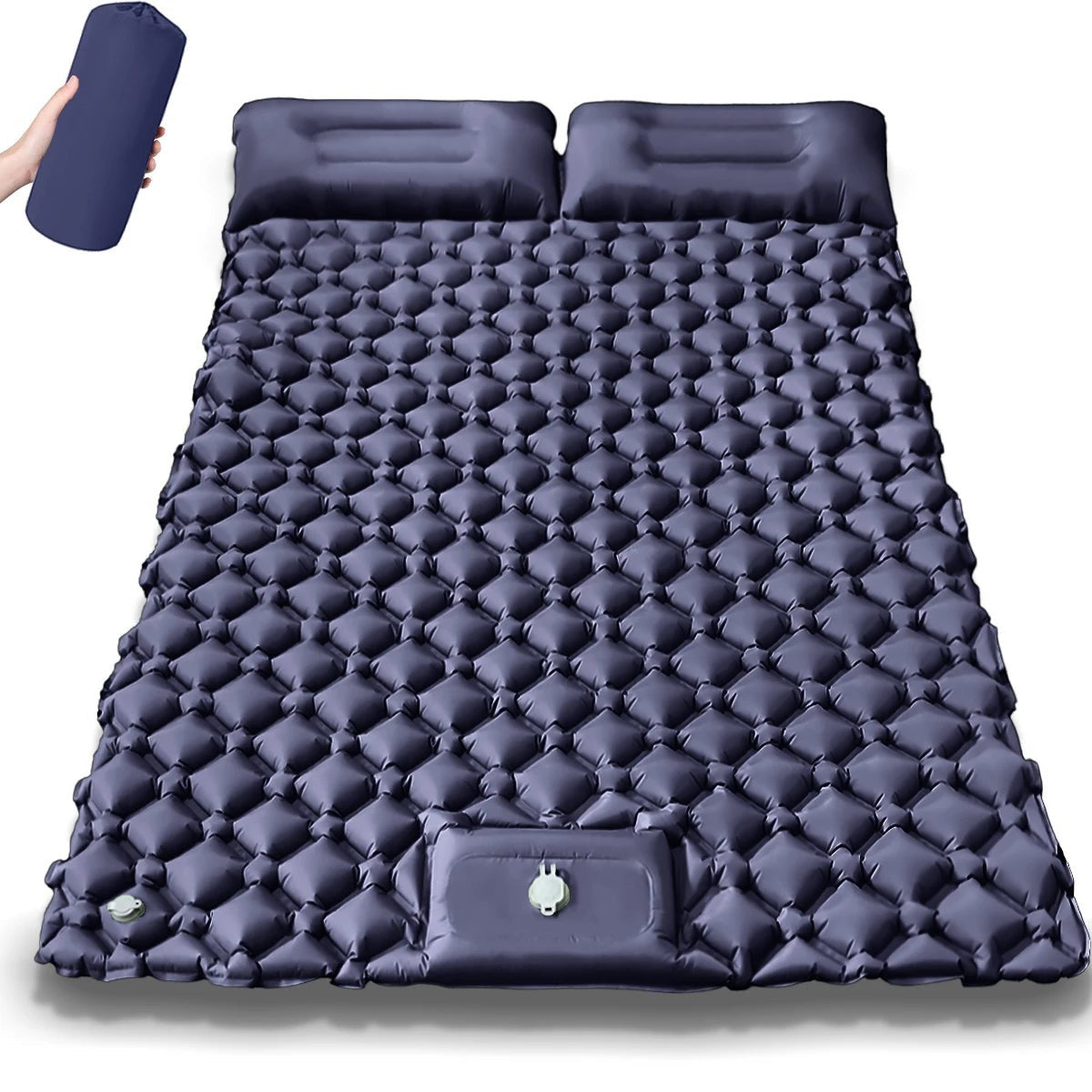Matelas double bleu foncé Passion Randonnée avec structure alvéolée et oreillers intégrés, livré avec son sac de transport compact.