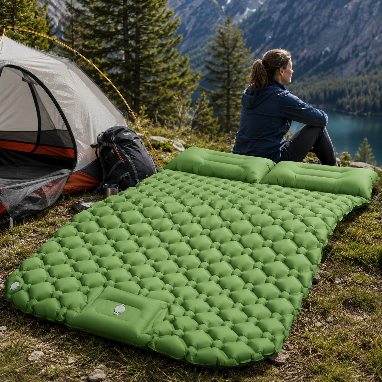 Matelas double vert Passion Randonnée installé près d’une tente au bord d’un lac de montagne, idéal pour le camping et la détente en plein air.