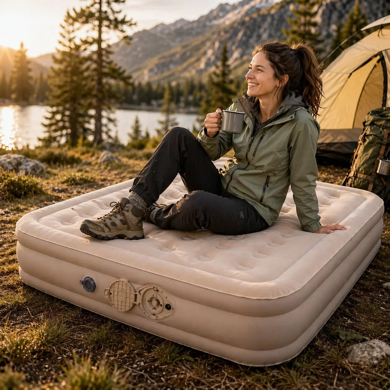 Grand matelas de camping gonflable Passion Randonnée en daim beige avec pompe intégrée, idéal pour les voyages en voiture.