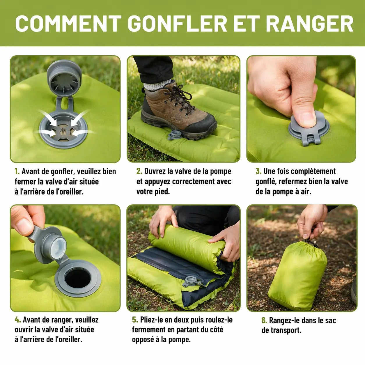Matelas gonflable épais Passion Randonnée pour le camping et la randonnée, avec pompe à pied intégrée, en nylon TPU résistant, couleur vert citron.
