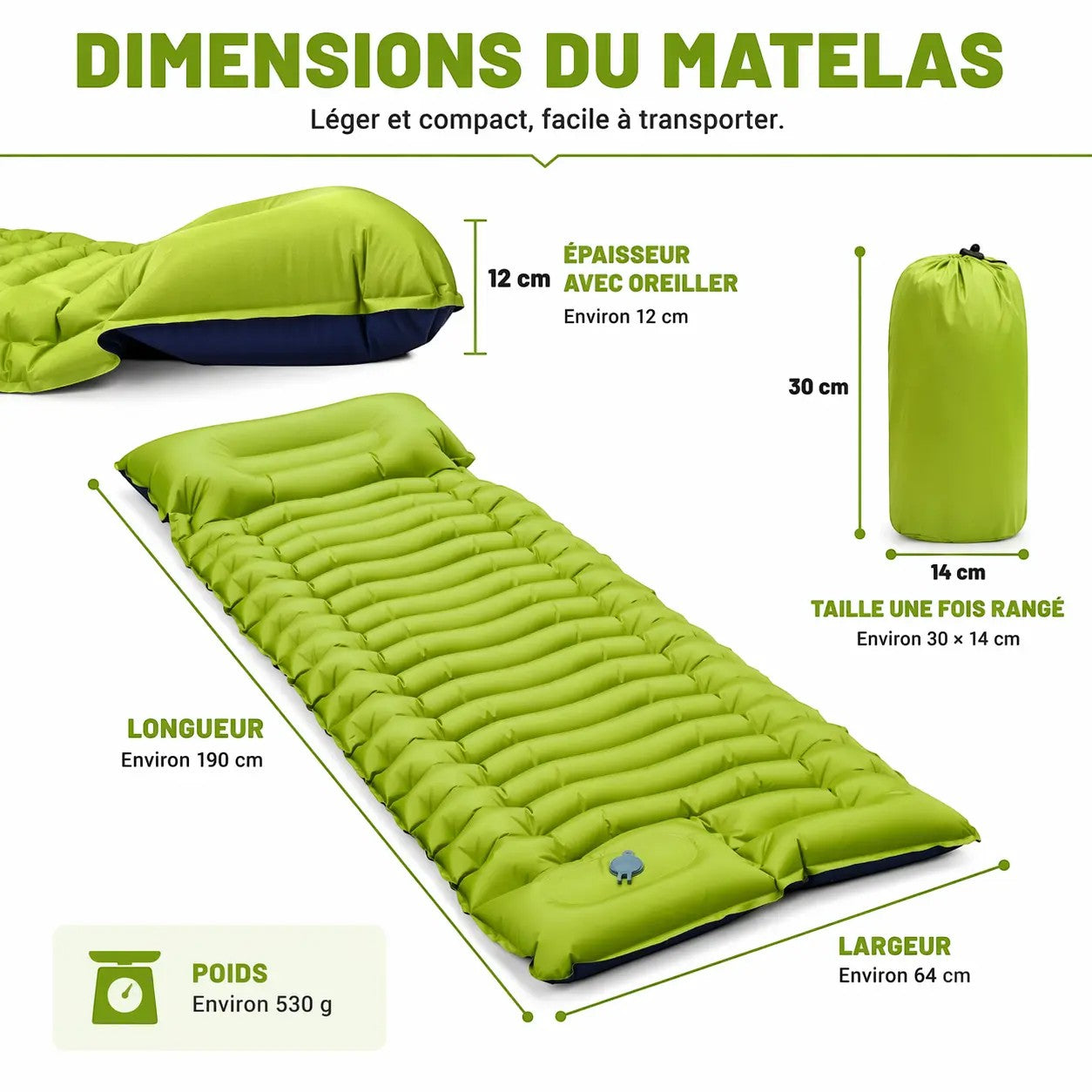 Matelas gonflable épais Passion Randonnée pour le camping et la randonnée, en nylon TPU vert citron, avec pompe à pied et oreiller intégrés.