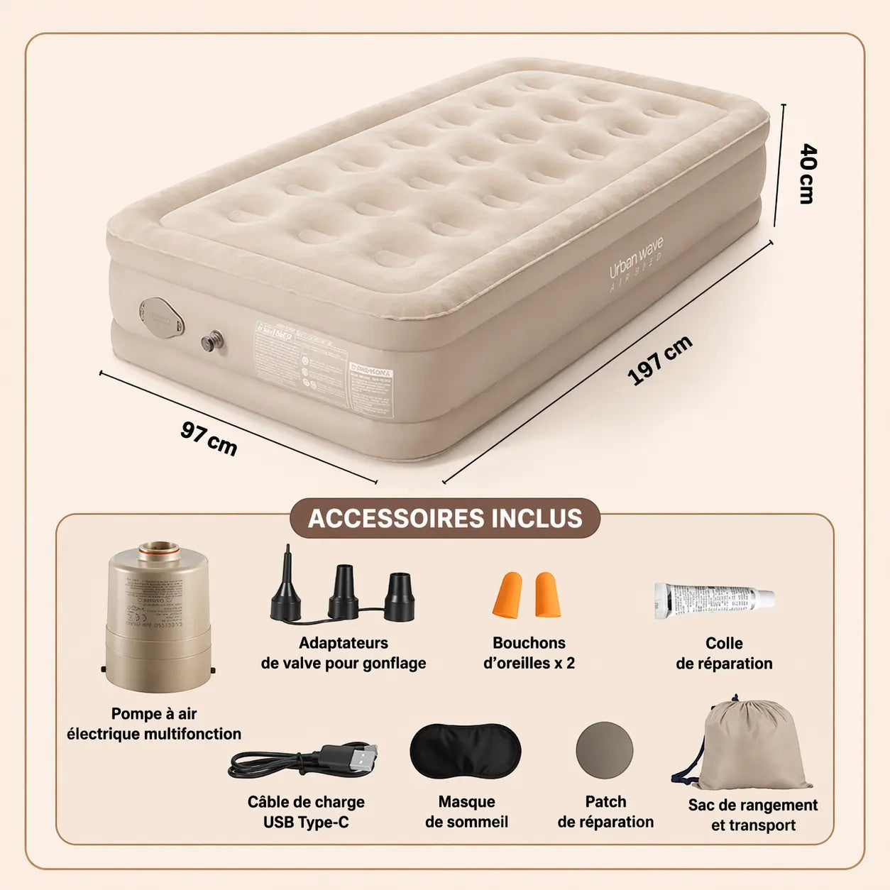 Grand matelas de camping gonflable Passion Randonnée en daim beige, avec pompe intégrée, câble de recharge USB-C et kit de réparation.