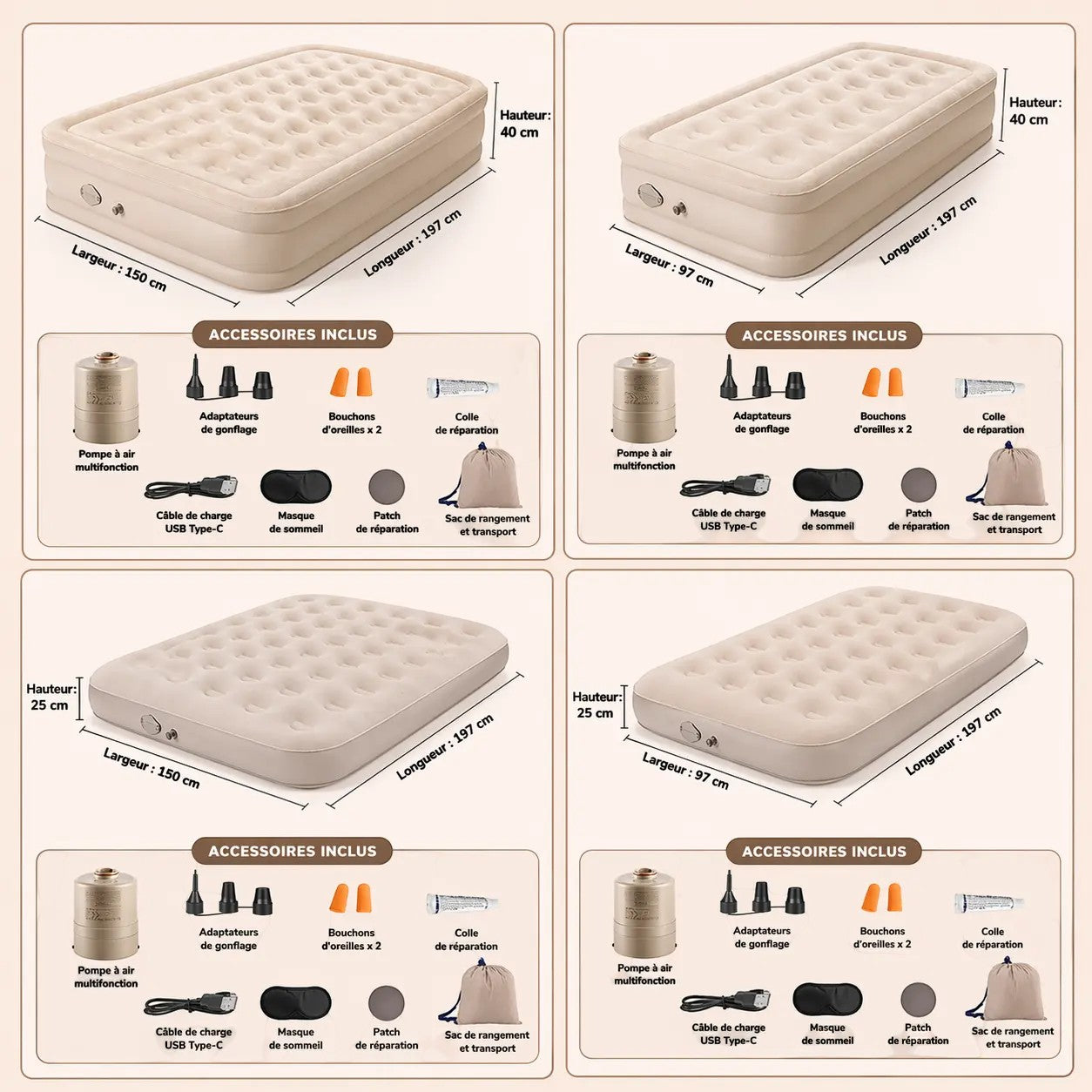 Matelas de camping gonflable Passion Randonnée, en suédine, avec pompe intégrée, disponible en deux hauteurs : 40 cm et 25 cm.