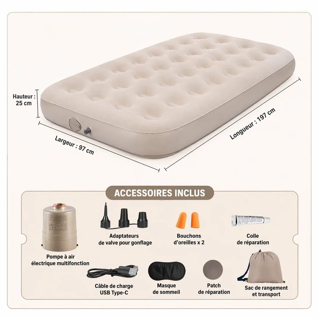 Matelas de camping gonflable grand format Passion Randonnée, en daim beige, avec pompe intégrée, 197 x 97 x 25 cm.