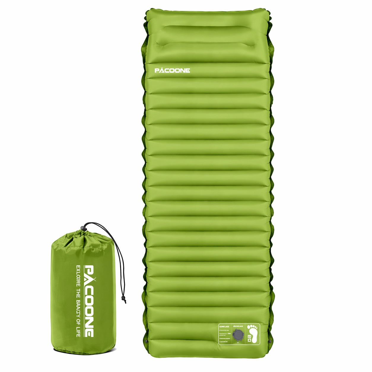 Matelas de camping gonflable ultraléger Passion Randonnée en nylon TPU vert citron, avec pompe intégrée.