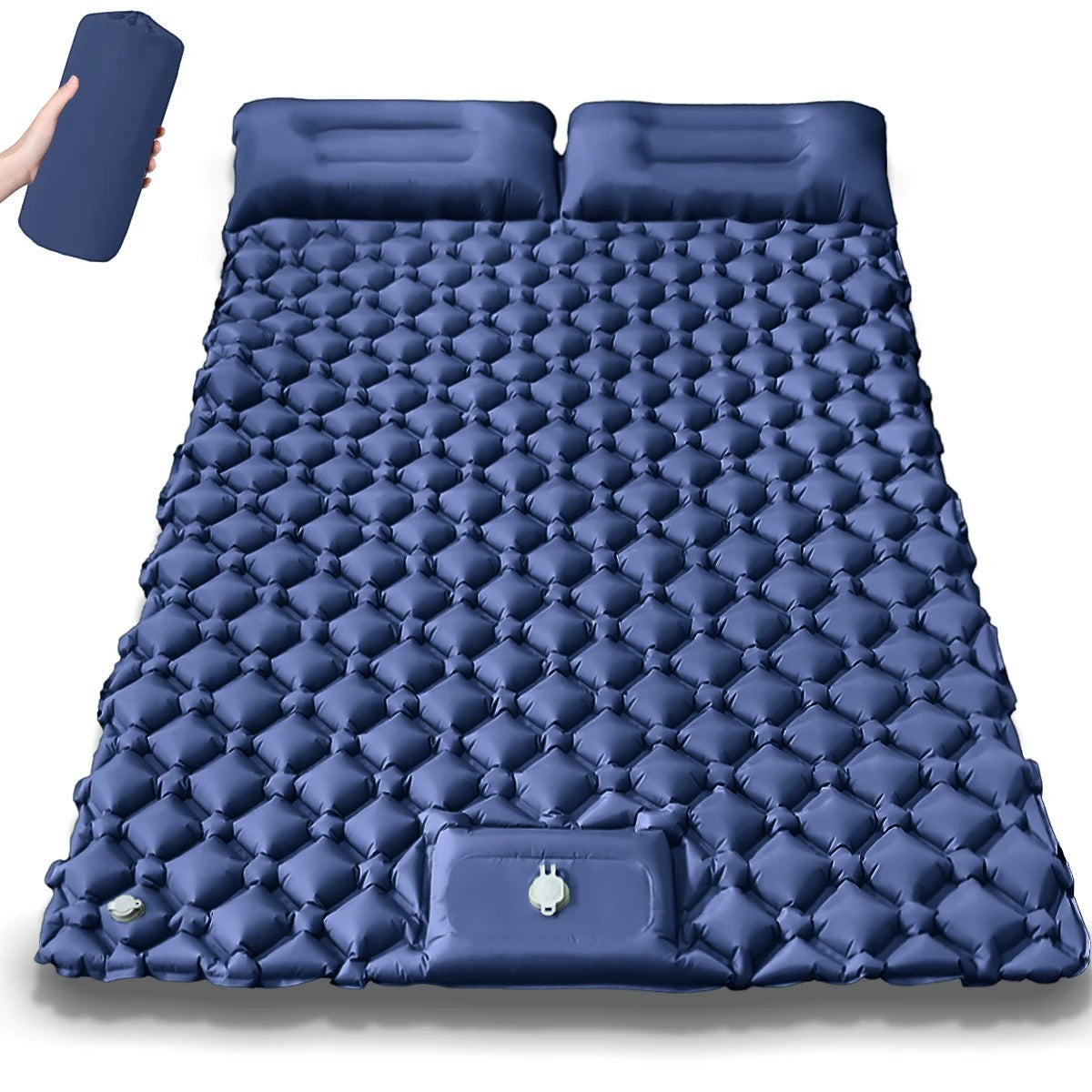 Matelas gonflable double bleu Passion Randonnée avec oreillers intégrés, présenté à plat avec sac de rangement pour le camping et la randonnée.