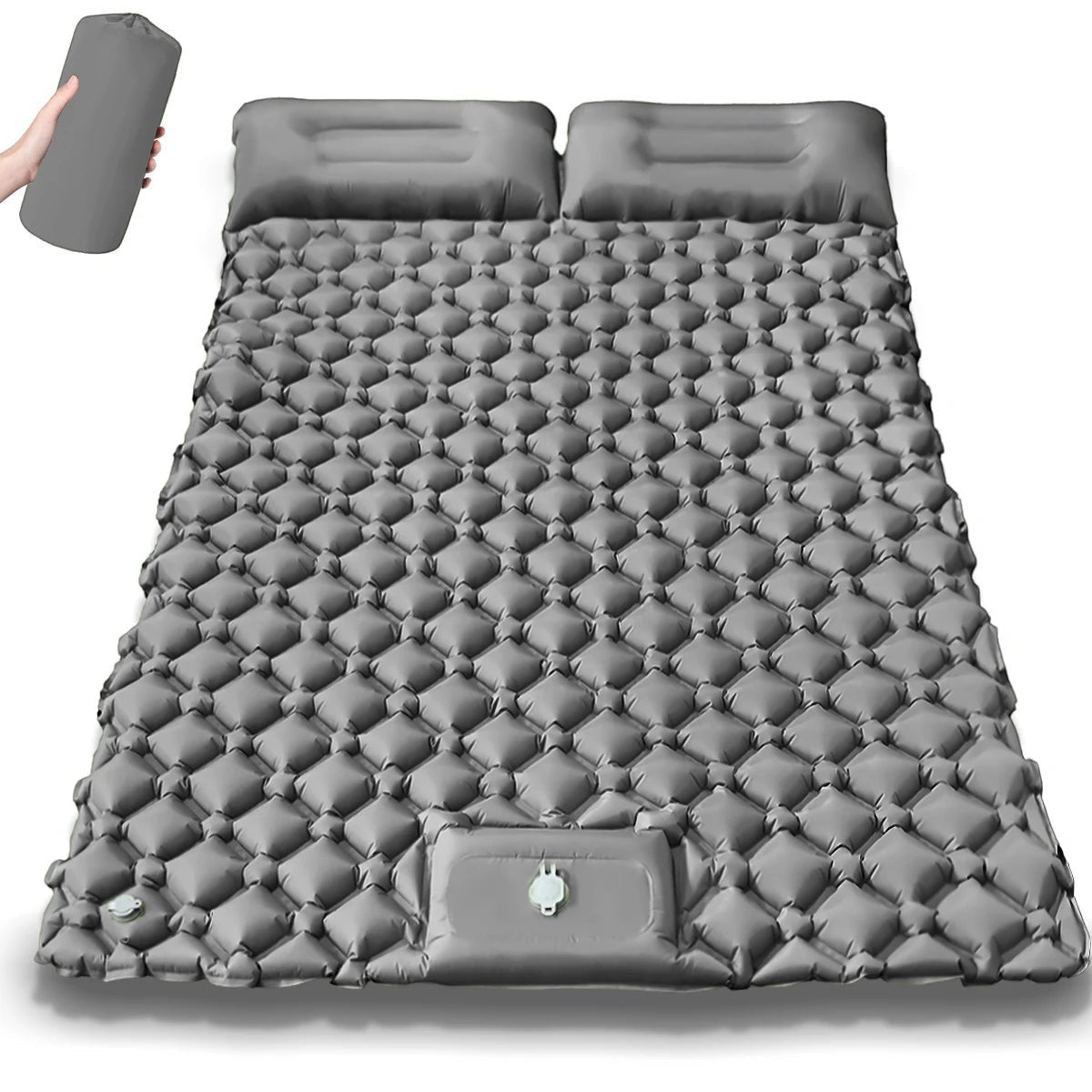 Matelas gonflable double gris Passion Randonnée avec deux oreillers intégrés, conçu pour offrir du confort en bivouac et en camping.
