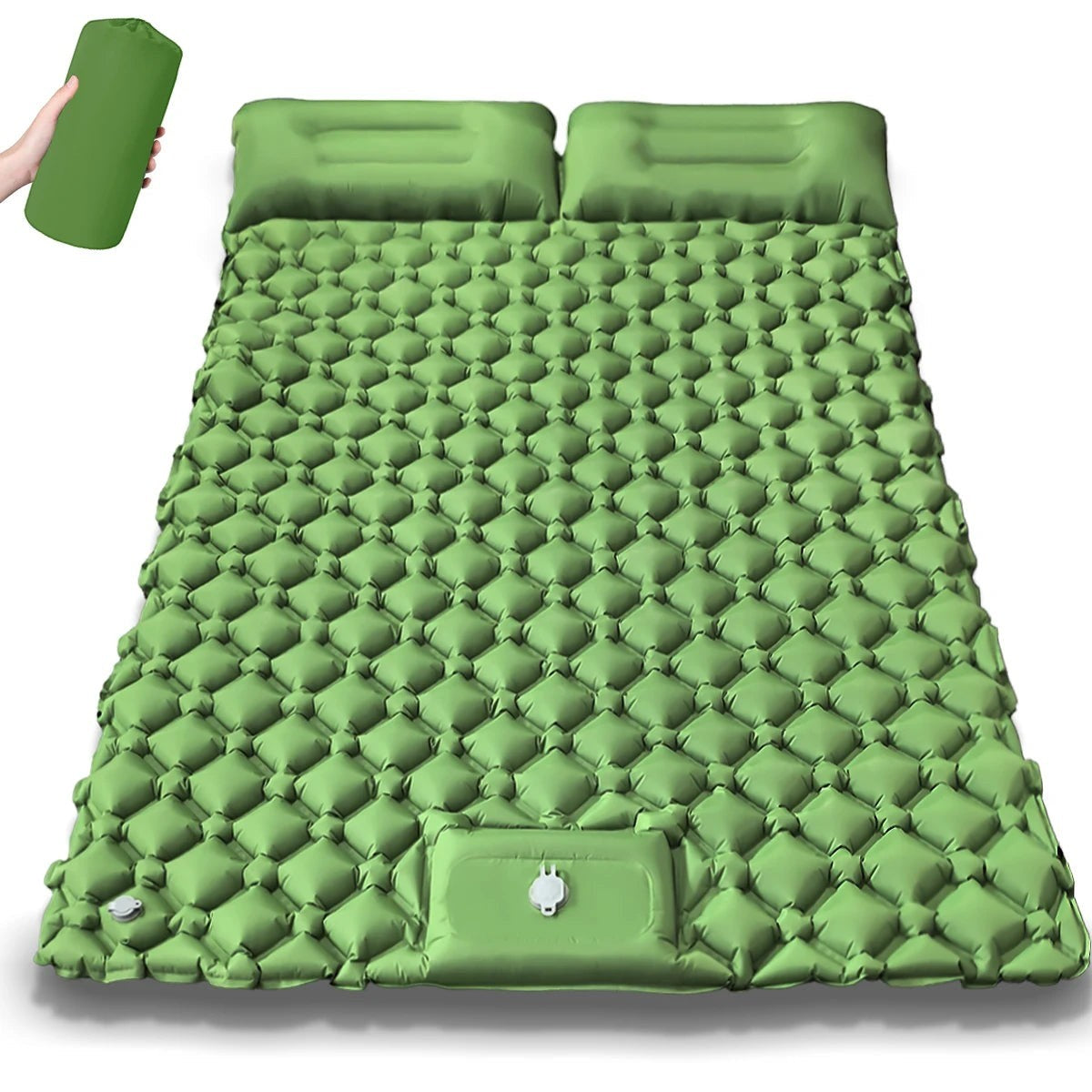 Matelas gonflable double vert Passion Randonnée avec oreillers intégrés, adapté au camping, au trek et aux nuits en extérieur.