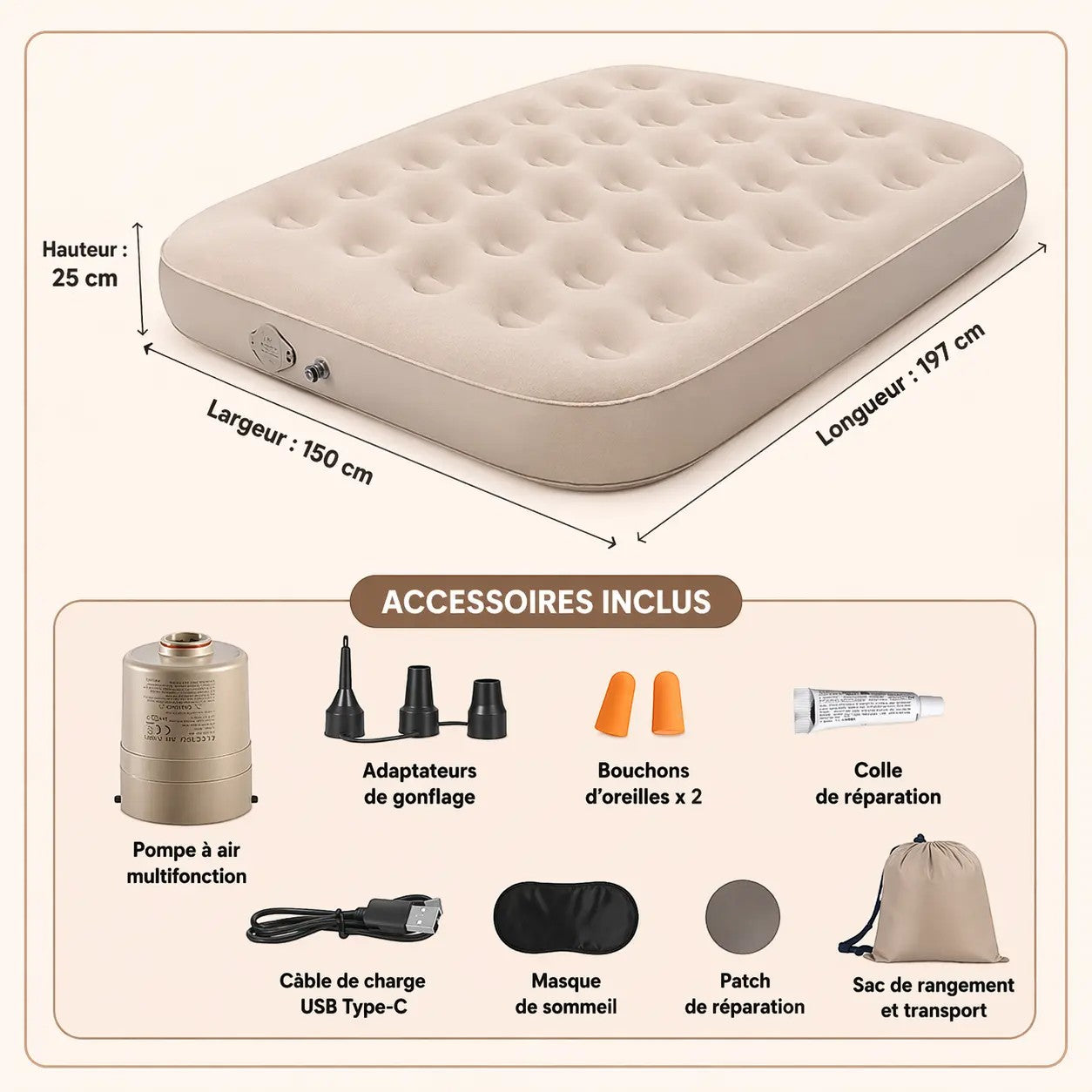 Matelas de camping gonflable Passion Randonnée, en daim beige, avec pompe intégrée, 150 x 197 x 25 cm, accessoires inclus.
