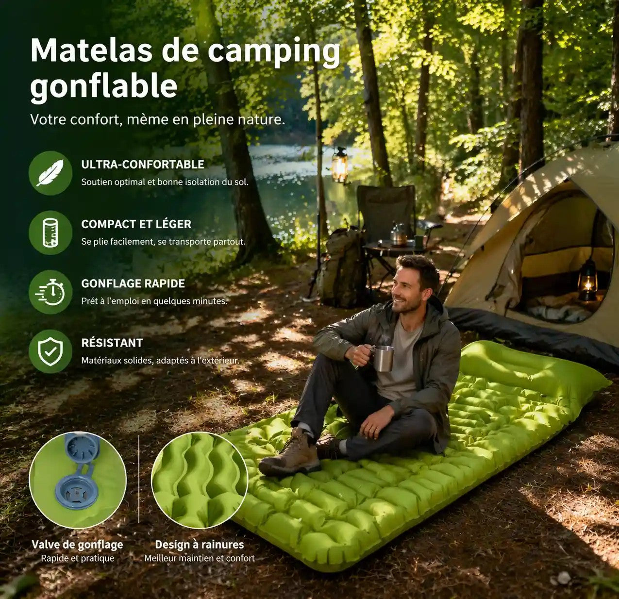 Matelas gonflable épais Passion Randonnée pour le camping et la randonnée, de couleur vert citron, en nylon TPU résistant, avec pompe à pied intégrée.
