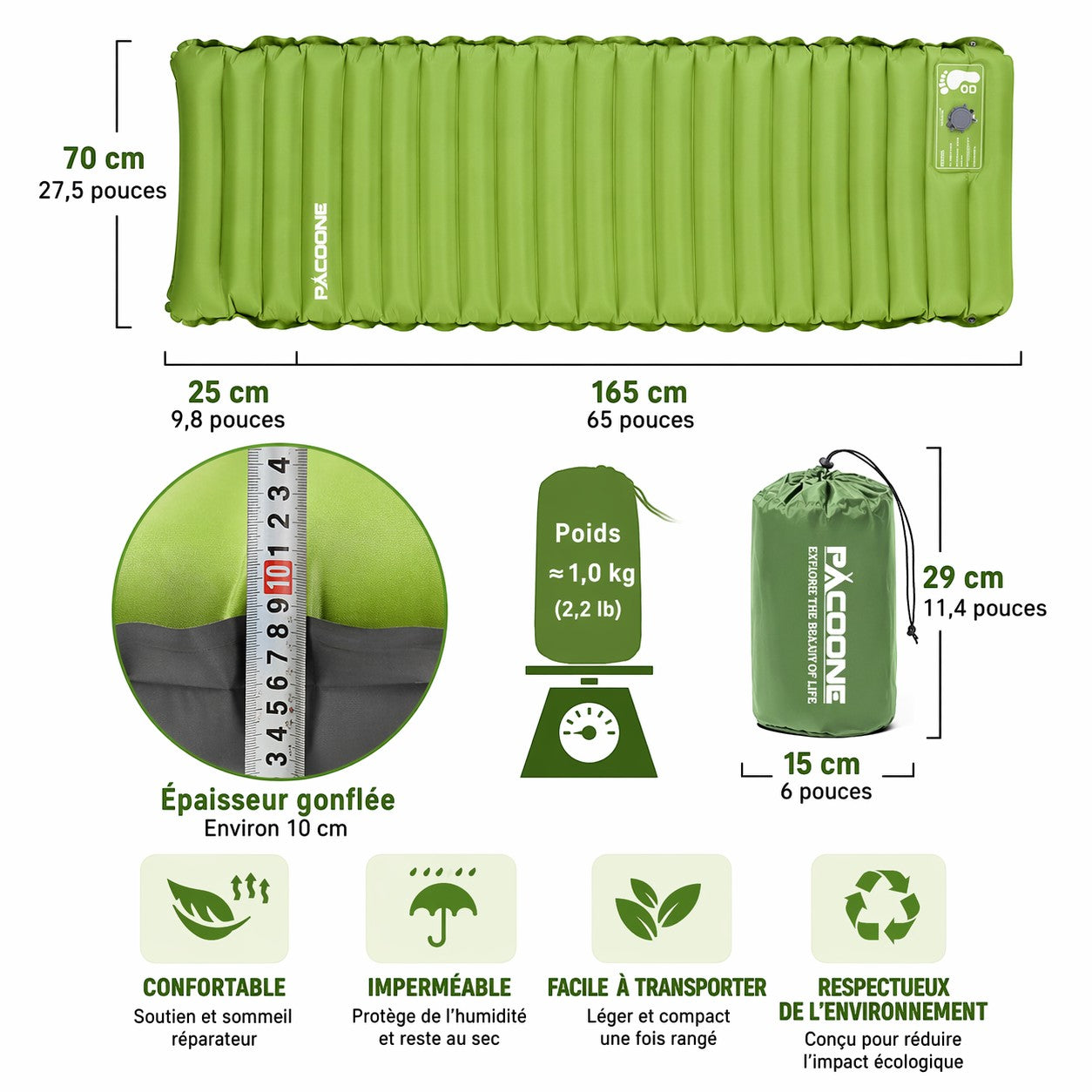 Matelas de camping gonflable ultraléger Passion Randonnée, en nylon TPU vert, avec pompe intégrée, épaisseur 10 cm, poids 1 kg.
