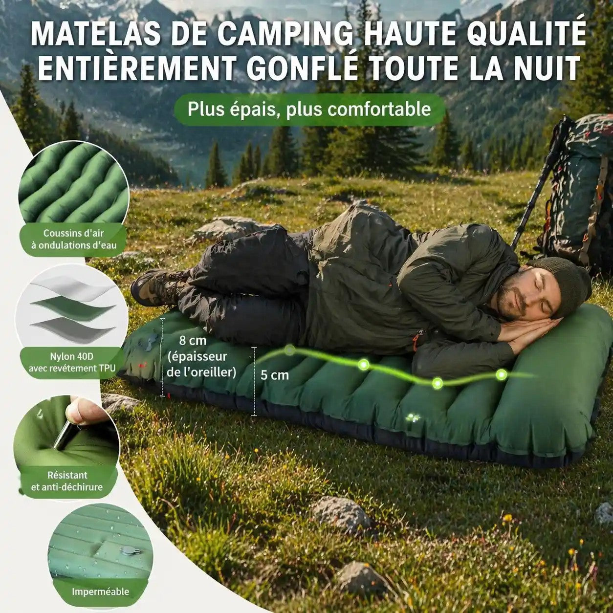 Matelas gonflable vert Passion Randonnée avec pompe à pied intégrée, pour le camping et la randonnée.