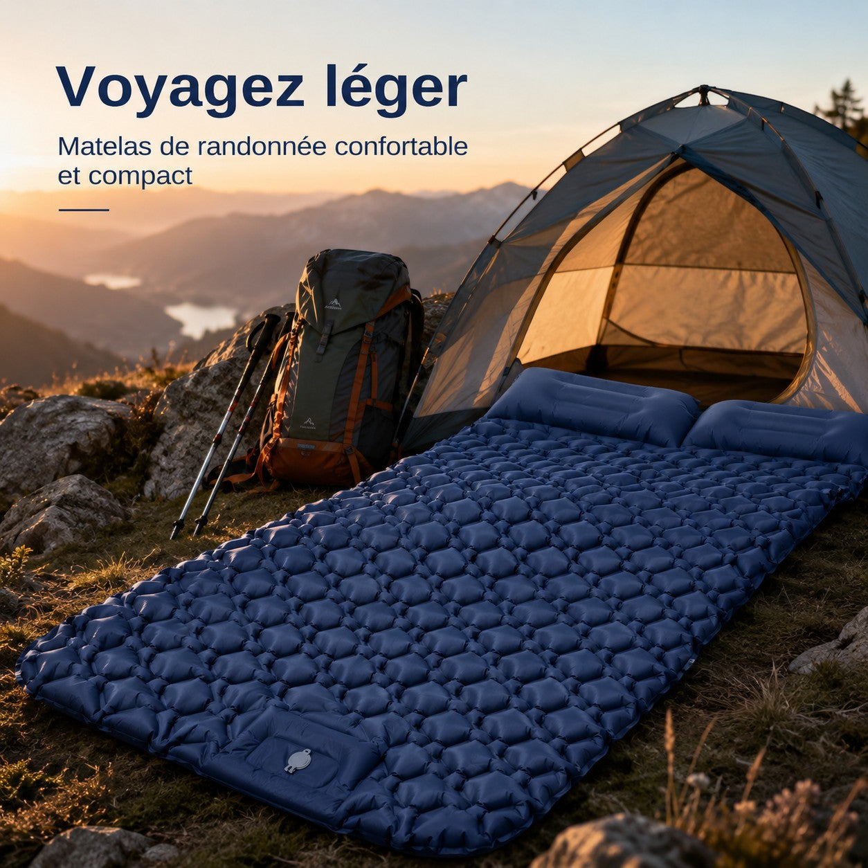 Matelas de randonnée double bleu Passion Randonnée installé devant une tente au coucher du soleil, dans un décor de montagne.