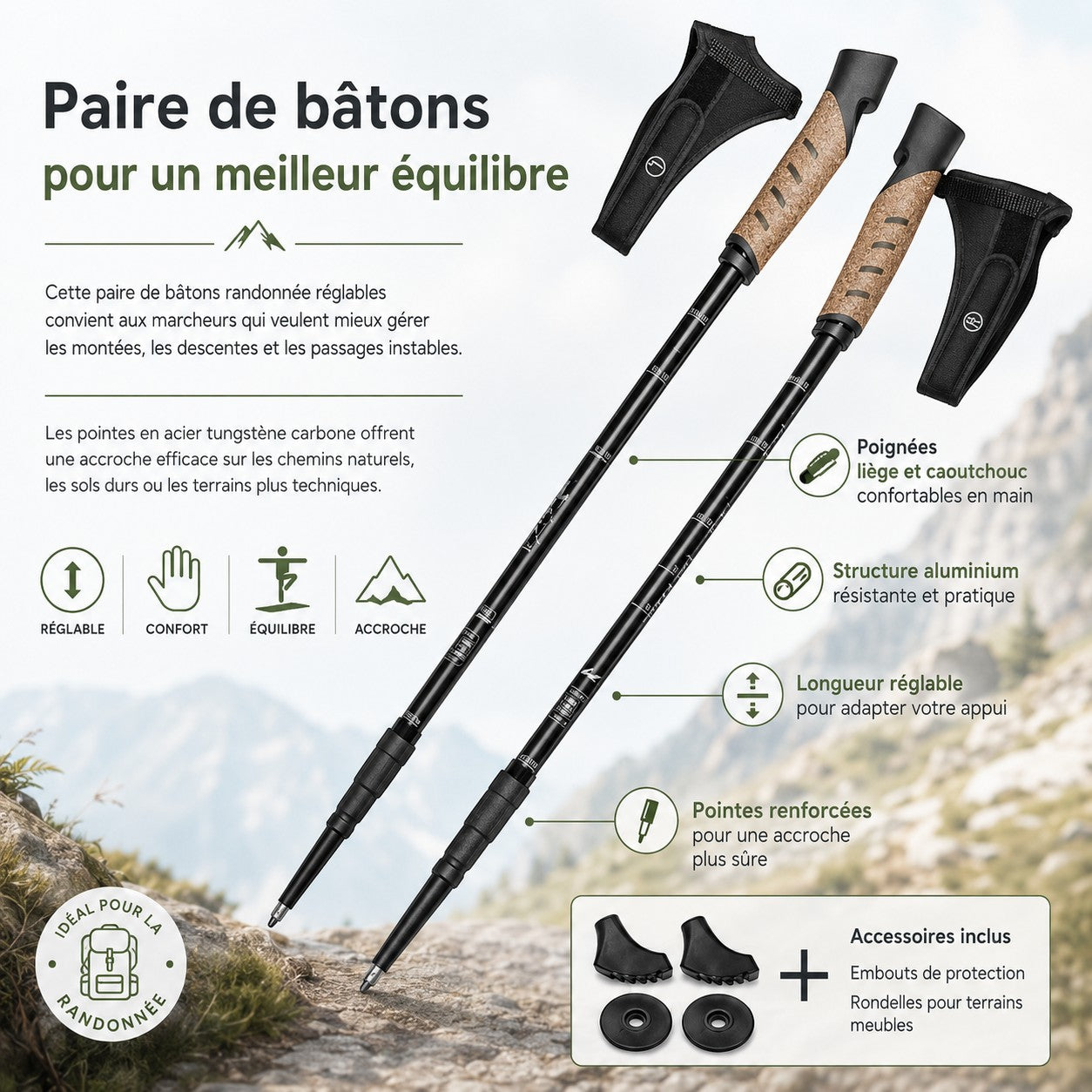 Paire de bâtons de randonnée réglables Passion Randonnée avec poignées confortables, structure légère, pointe renforcée et accessoires inclus.