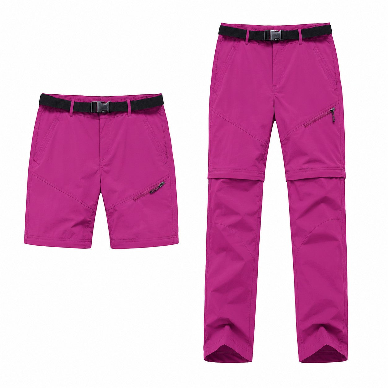 Pantalon amovible femme rose Passion Randonnée, affiché en version short et pantalon avec poche zippée sur la jambe.