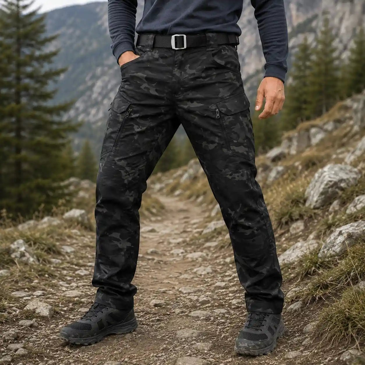 Pantalon cargo camouflage noir Passion Randonnée avec poches latérales, adapté à la randonnée, au trekking et aux activités outdoor.