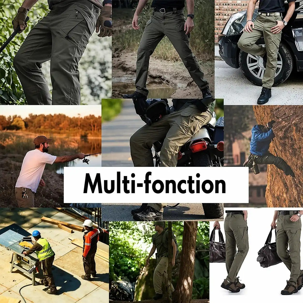 Pantalon de randonnée cargo pour homme Passion Randonnée, vert olive, en polyester résistant, avec de nombreuses poches, coupe droite.