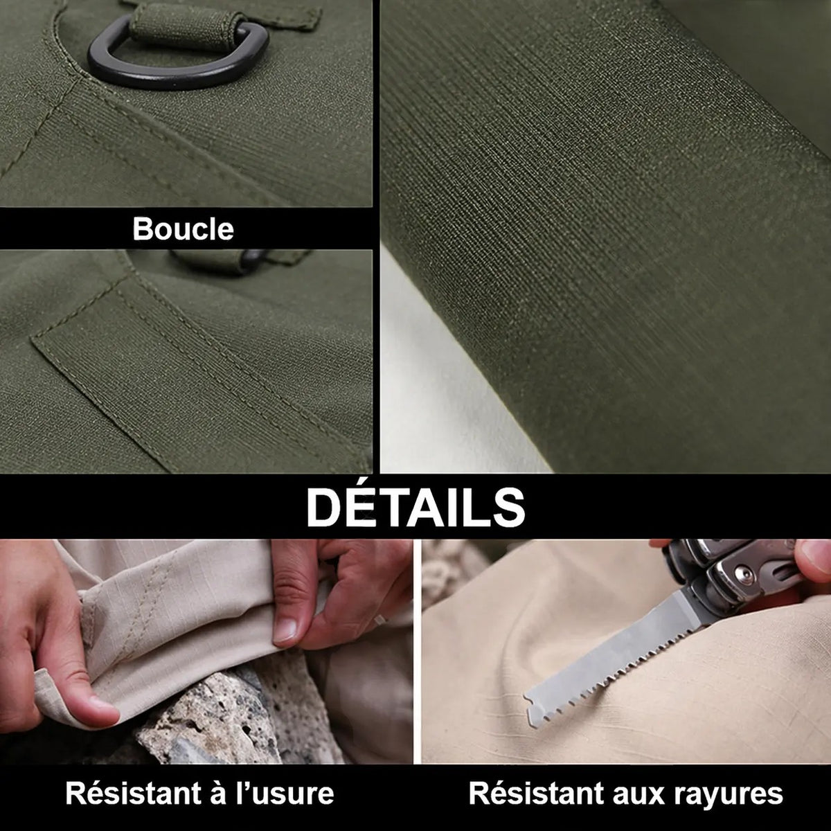 Pantalon de randonnée cargo pour homme Passion Randonnée, en polyester vert olive, doté de nombreuses poches et d'un tissu résistant à l'usure et aux frottements.