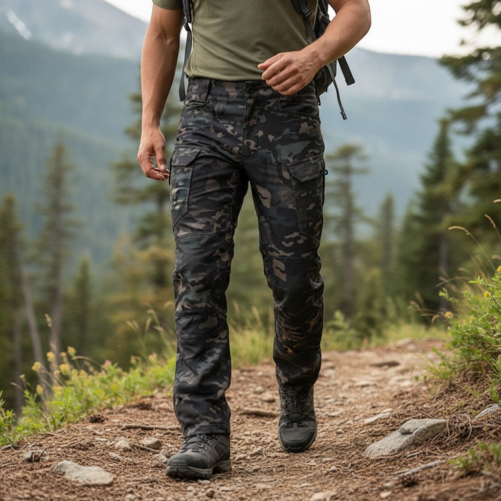 Pantalon de randonnée pour homme Passion Randonnée, noir camouflage, en mélange épais de polyester, coton et nylon, avec plusieurs poches cargo, coupe droite.