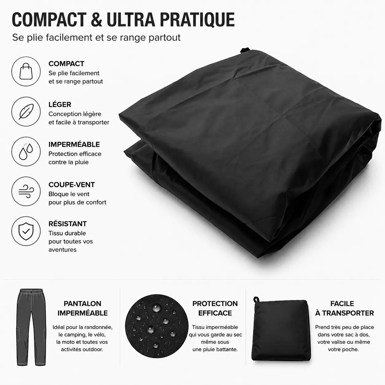 Pantalon imperméable noir Passion Randonnée plié en format compact, facile à transporter dans un sac pour la randonnée ou le camping.