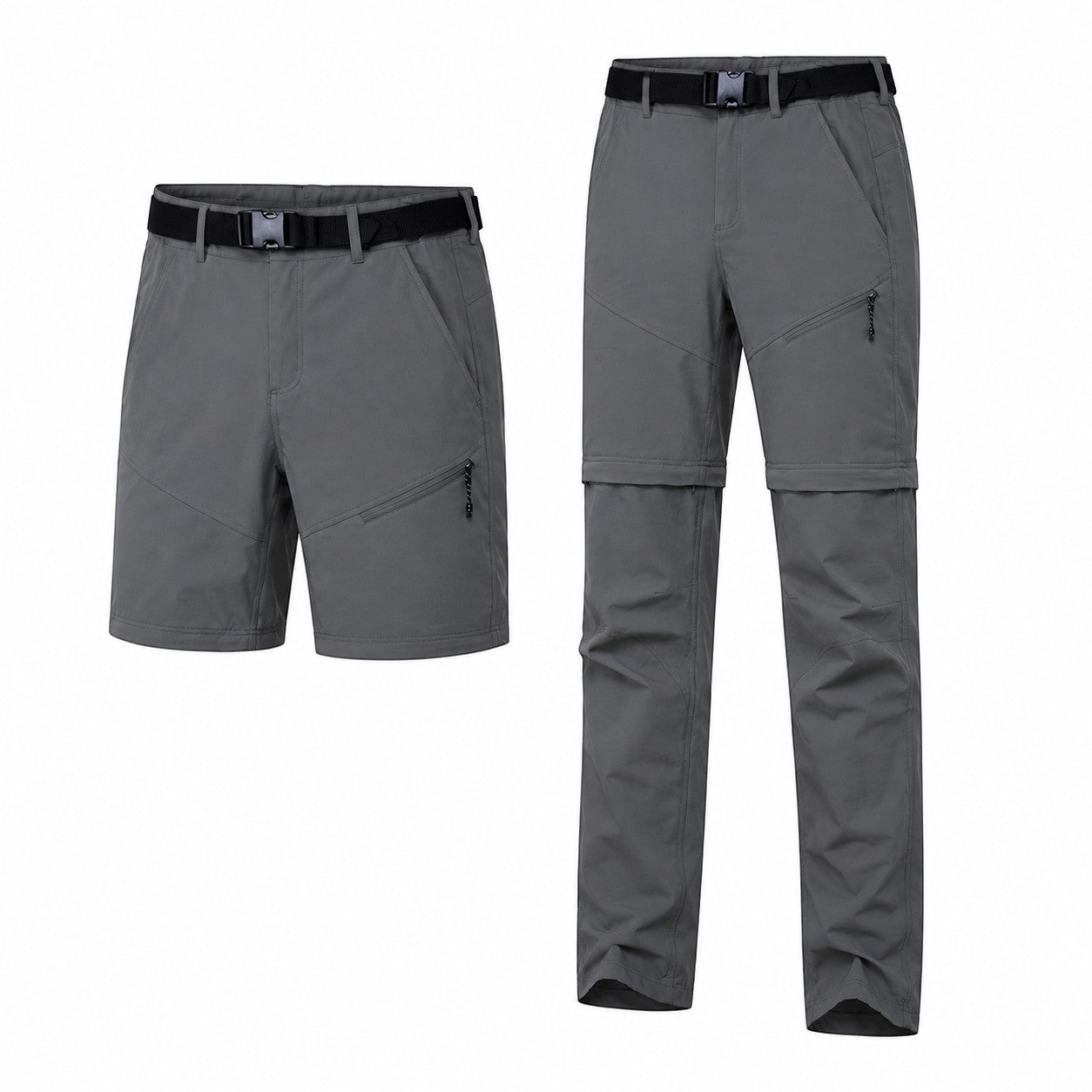 Pantalon de randonnée femme gris Passion Randonnée convertible en short, présenté en version courte et longue avec ceinture intégrée.