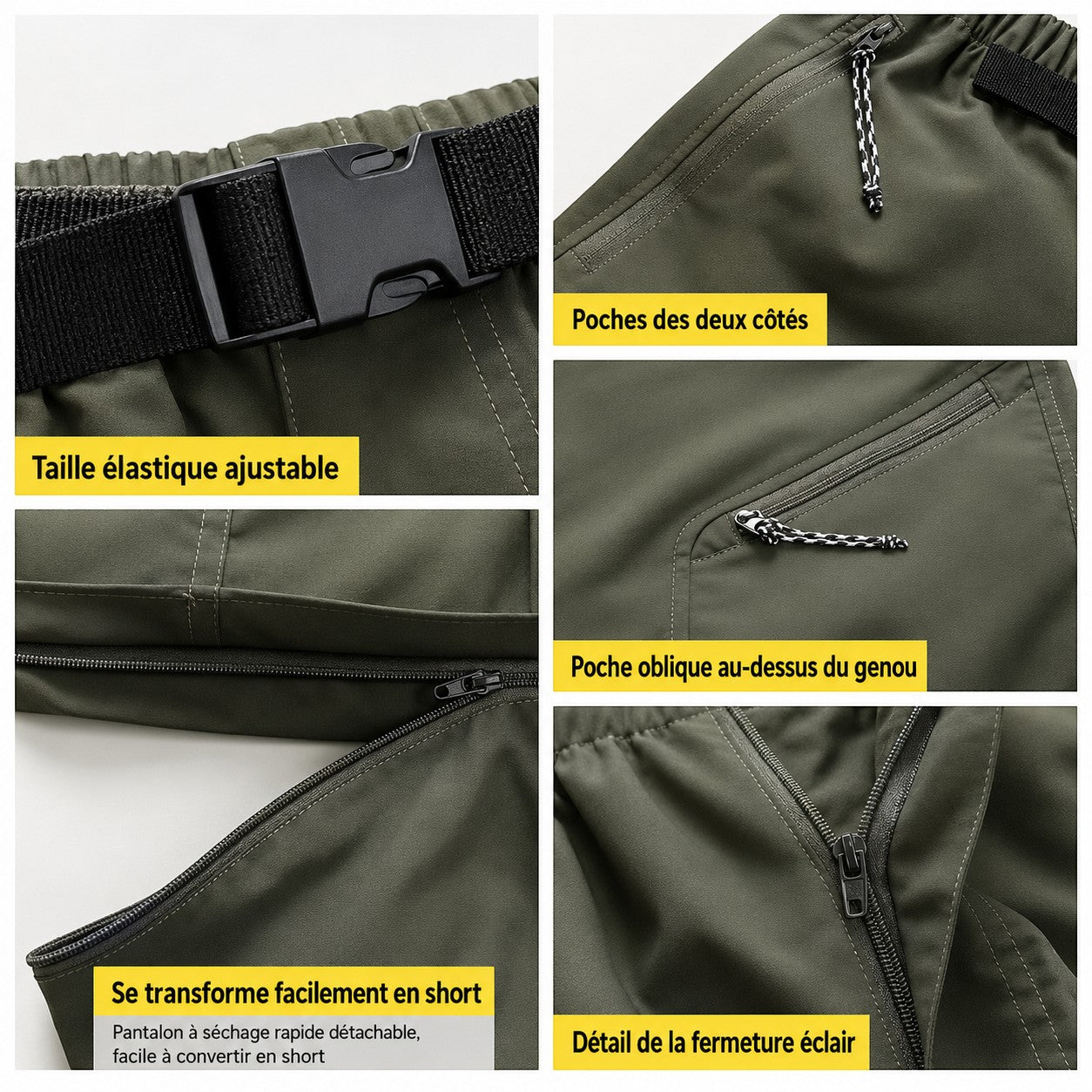 Détails techniques du pantalon convertible kaki Passion Randonnée, avec taille élastique ajustable, poches des deux côtés et fermeture éclair pratique.