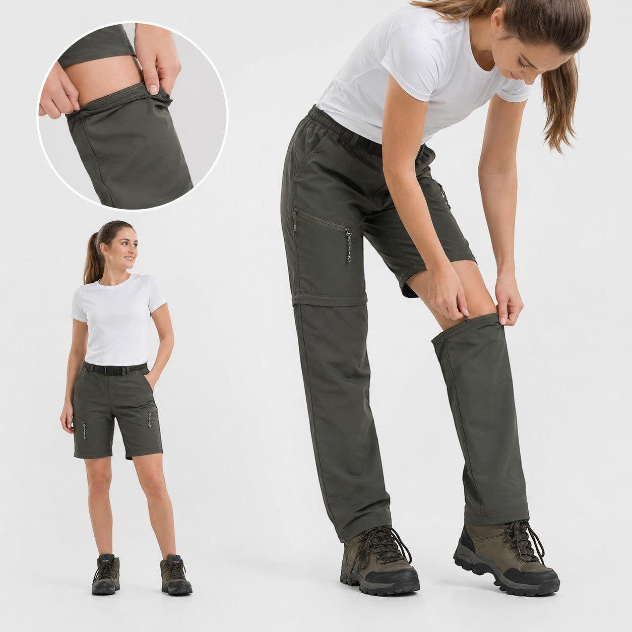 Femme portant un pantalon convertible kaki Passion Randonnée, avec jambe détachable et version short visible pour les randonnées par temps chaud.