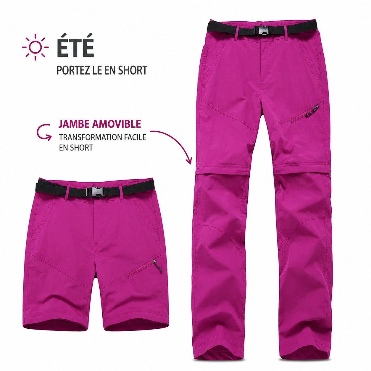 Visuel de présentation d’un pantalon d’été femme rose Passion Randonnée avec jambe amovible pour un passage facile du pantalon au short.