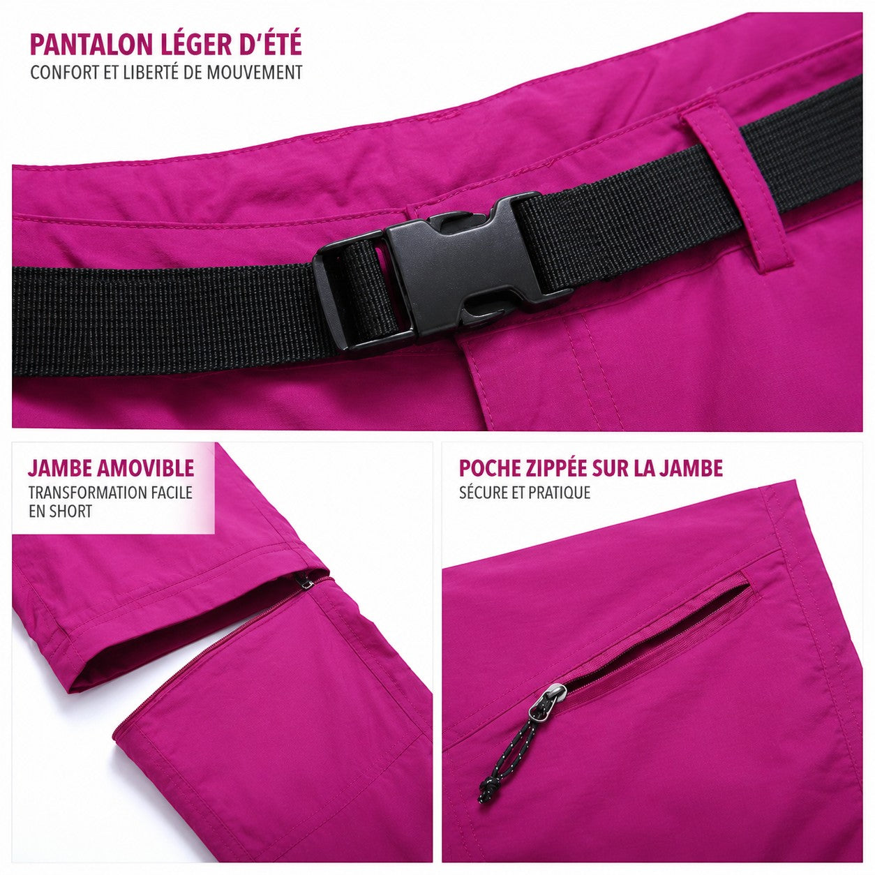 Détails du pantalon de randonnée femme rose Passion Randonnée, montrant la ceinture intégrée, la fermeture zippée et la partie amovible.