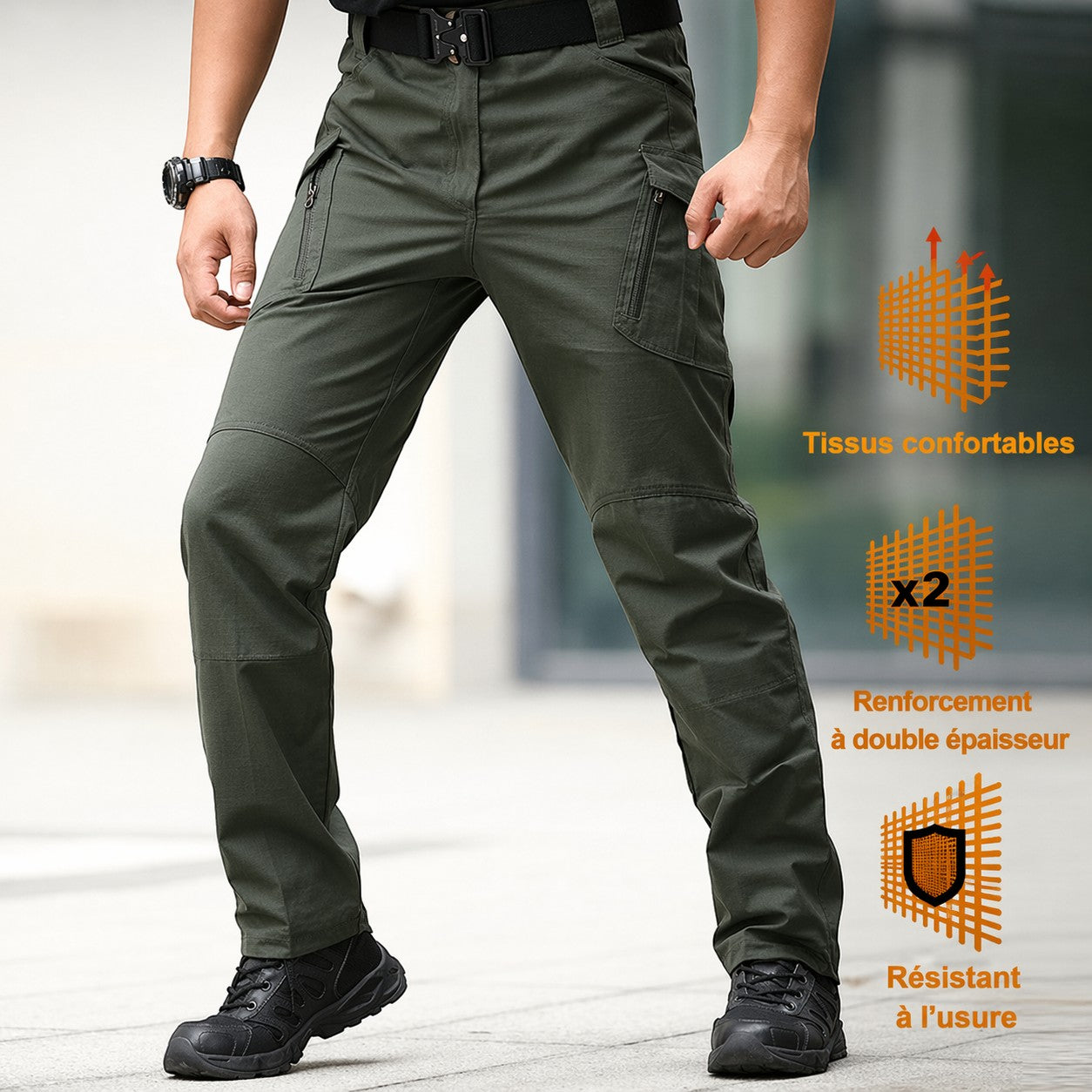 Pantalon de randonnée cargo pour homme Passion Randonnée, en polyester vert foncé, doté de nombreuses poches zippées et de genoux renforcés.