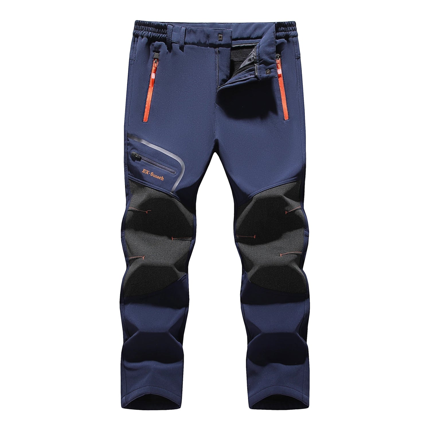 Pantalon de randonnée d'hiver isolant pour homme Passion Randonnée, bleu marine, avec des fermetures éclair orange et des renforts aux genoux.