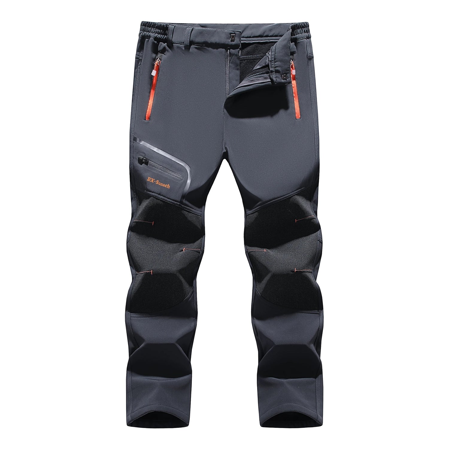 Pantalon de randonnée d'hiver isolant pour homme Passion Randonnée, gris foncé, avec des détails de fermeture éclair orange et des renforts aux genoux.