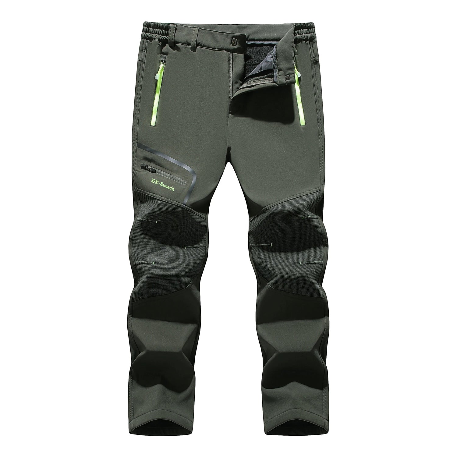 Pantalon de randonnée d'hiver isolant pour homme Passion Randonnée, de couleur vert foncé, avec genoux renforcés et poches zippées.