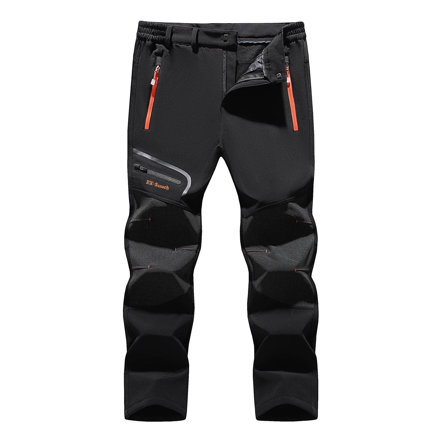 Pantalon de randonnée d'hiver isolant pour homme Passion Randonnée, de couleur noire, avec des fermetures éclair orange et des renforts aux genoux.