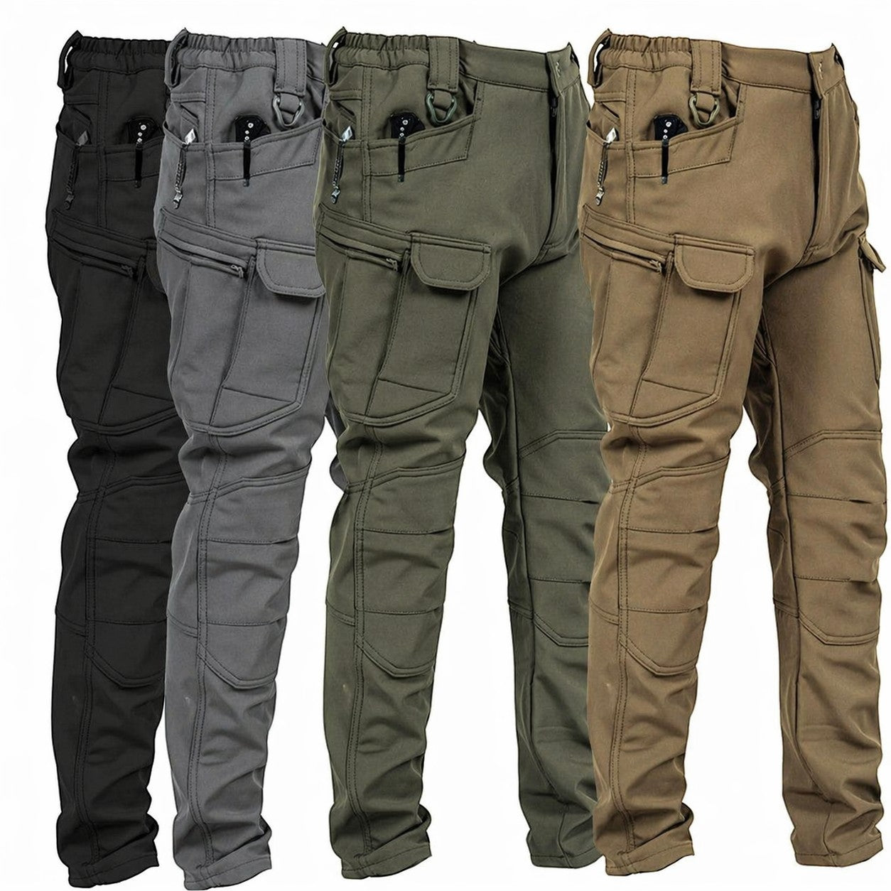 Pantalon de randonnée chaud pour homme Passion Randonnée, disponible en noir, gris, vert olive et beige. Modèle tactique et résistant, doté de nombreuses poches cargo et de fermetures à glissière.