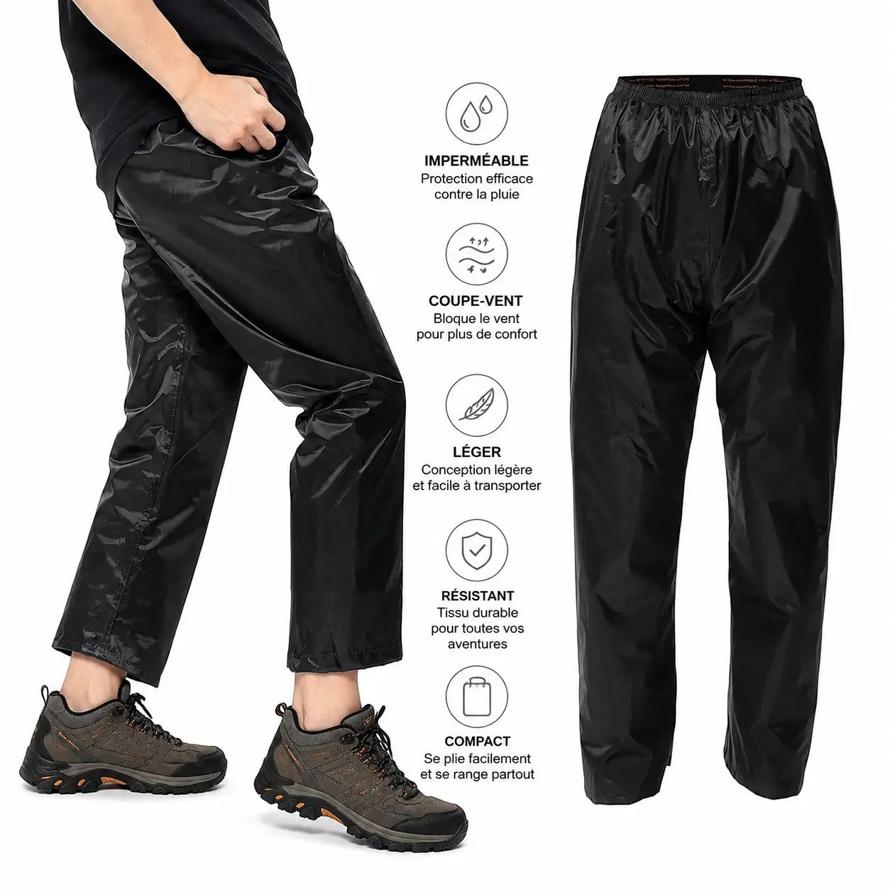 Pantalon imperméable noir Passion Randonnée porté en extérieur, conçu pour protéger de la pluie et du vent lors des activités outdoor.