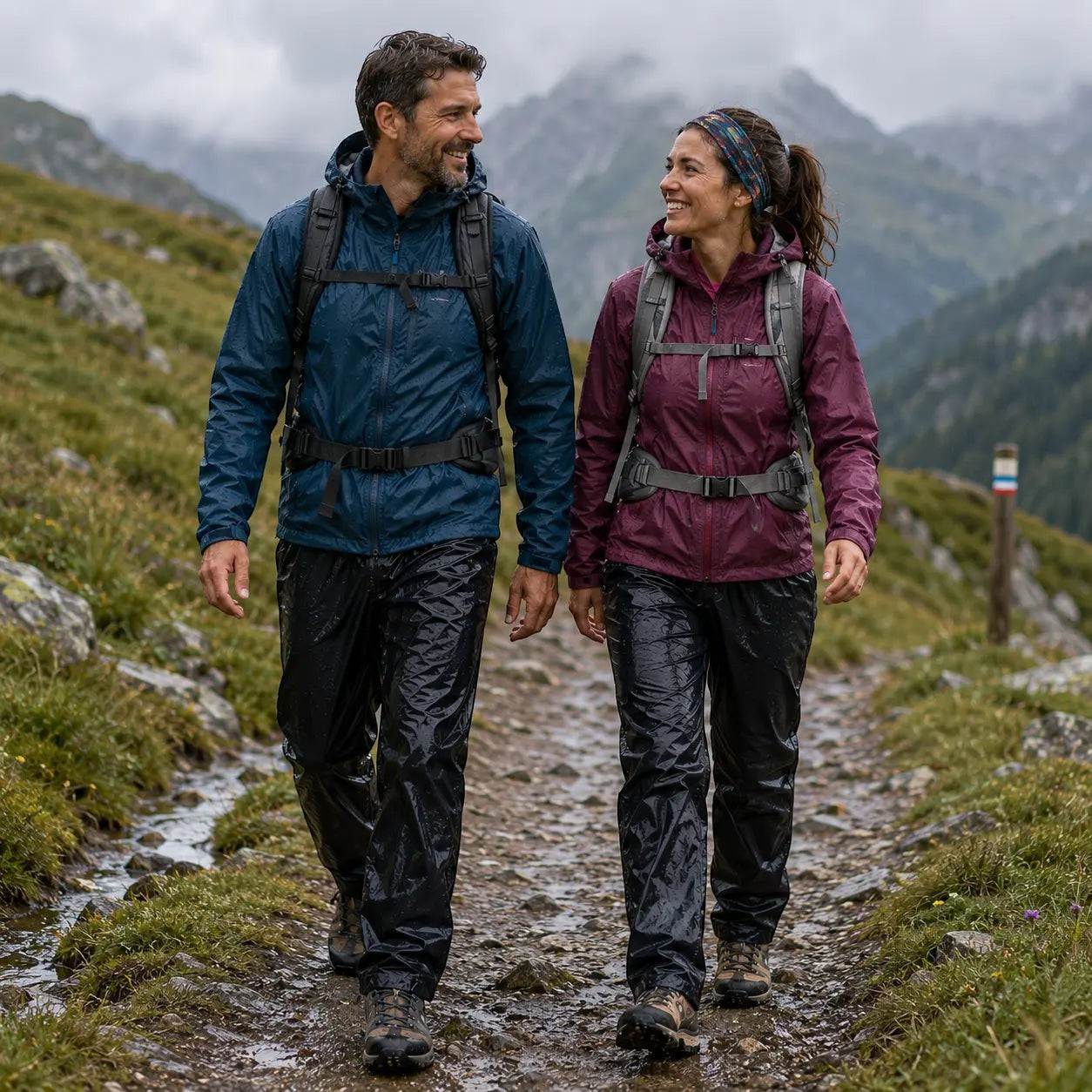 Couple en randonnée portant des pantalons imperméables Passion Randonnée sur un sentier humide, pour marcher confortablement par temps pluvieux.