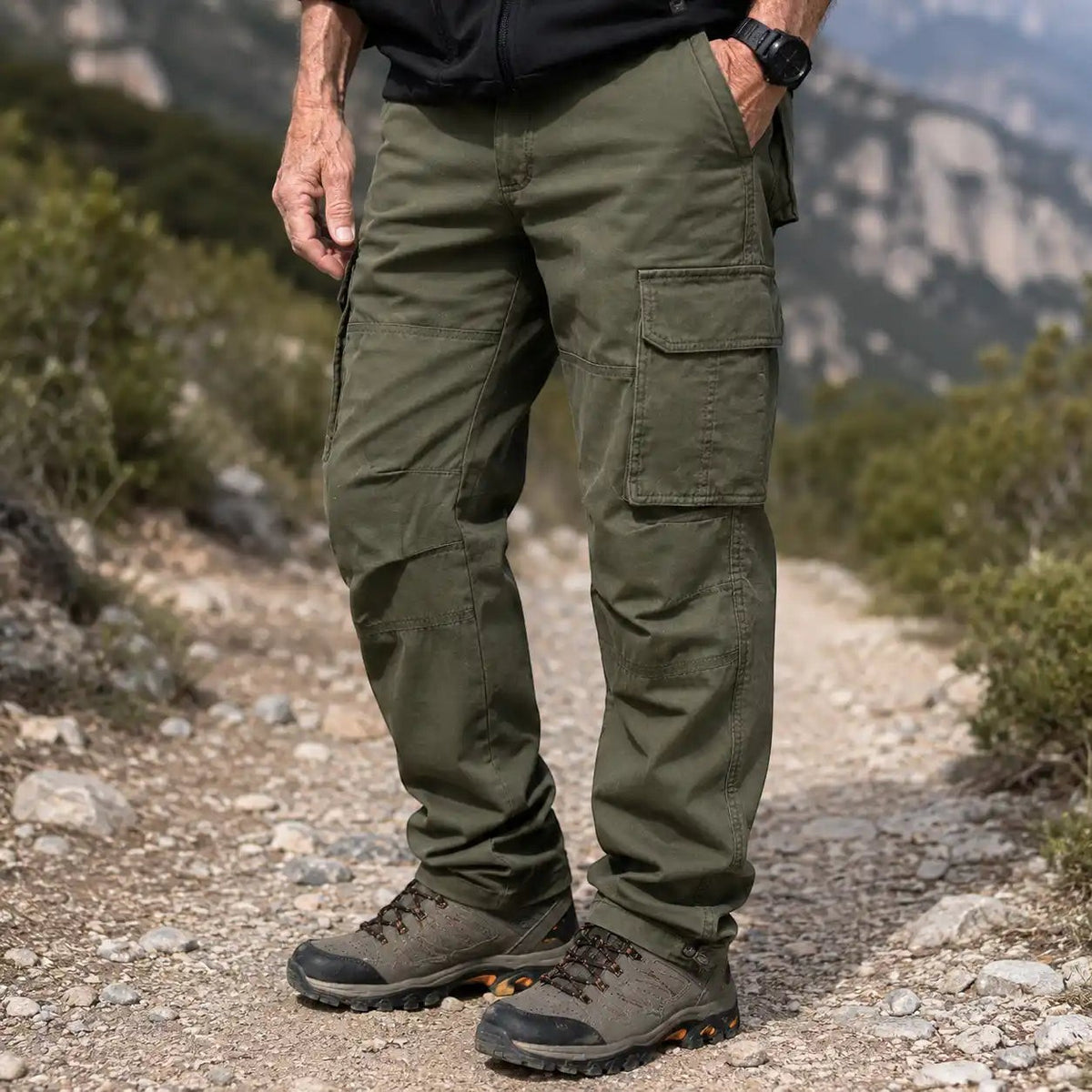 Zoom sur un pantalon kaki homme Passion Randonnée porté sur un sentier, avec poche cargo visible et tissu pensé pour les balades en terrain naturel.