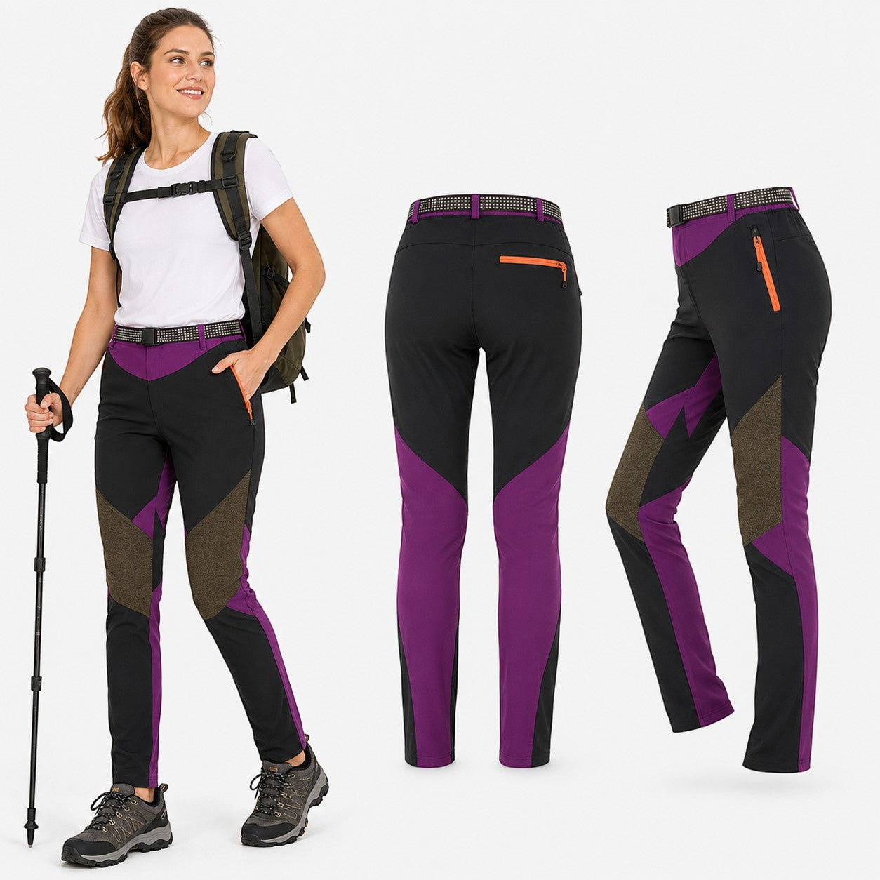 Pantalon de marche femme noir et violet Passion Randonnée porté avec sac à dos, accompagné de vues produit de dos et de profil.