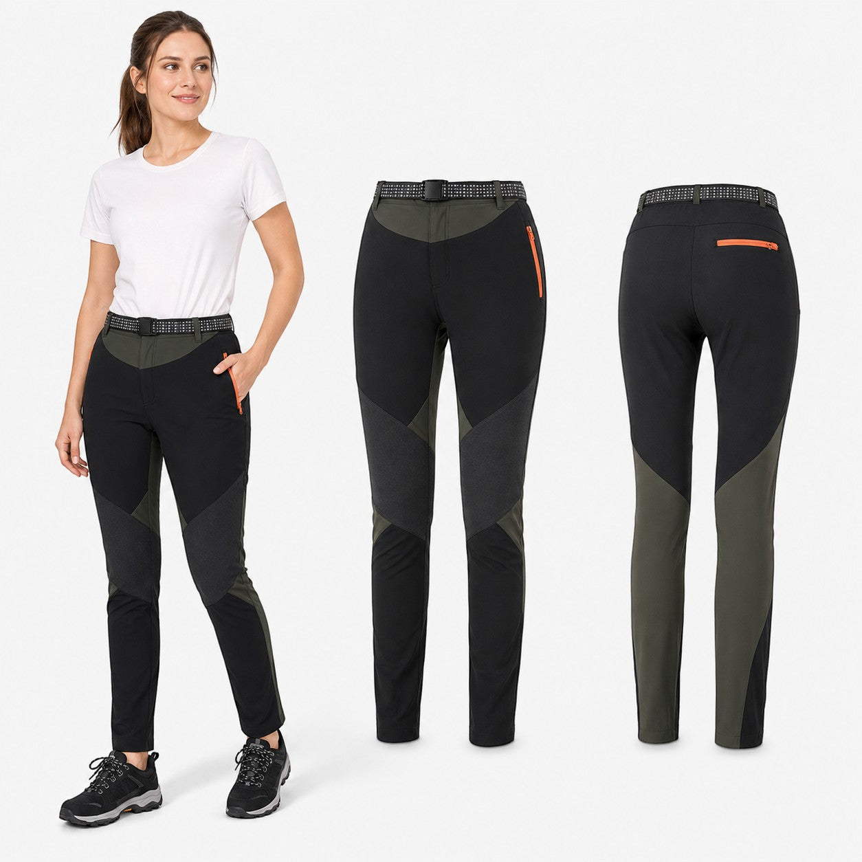Pantalon outdoor femme noir et gris Passion Randonnée, présenté avec vues avant et arrière, ceinture ajustable et poche zippée.
