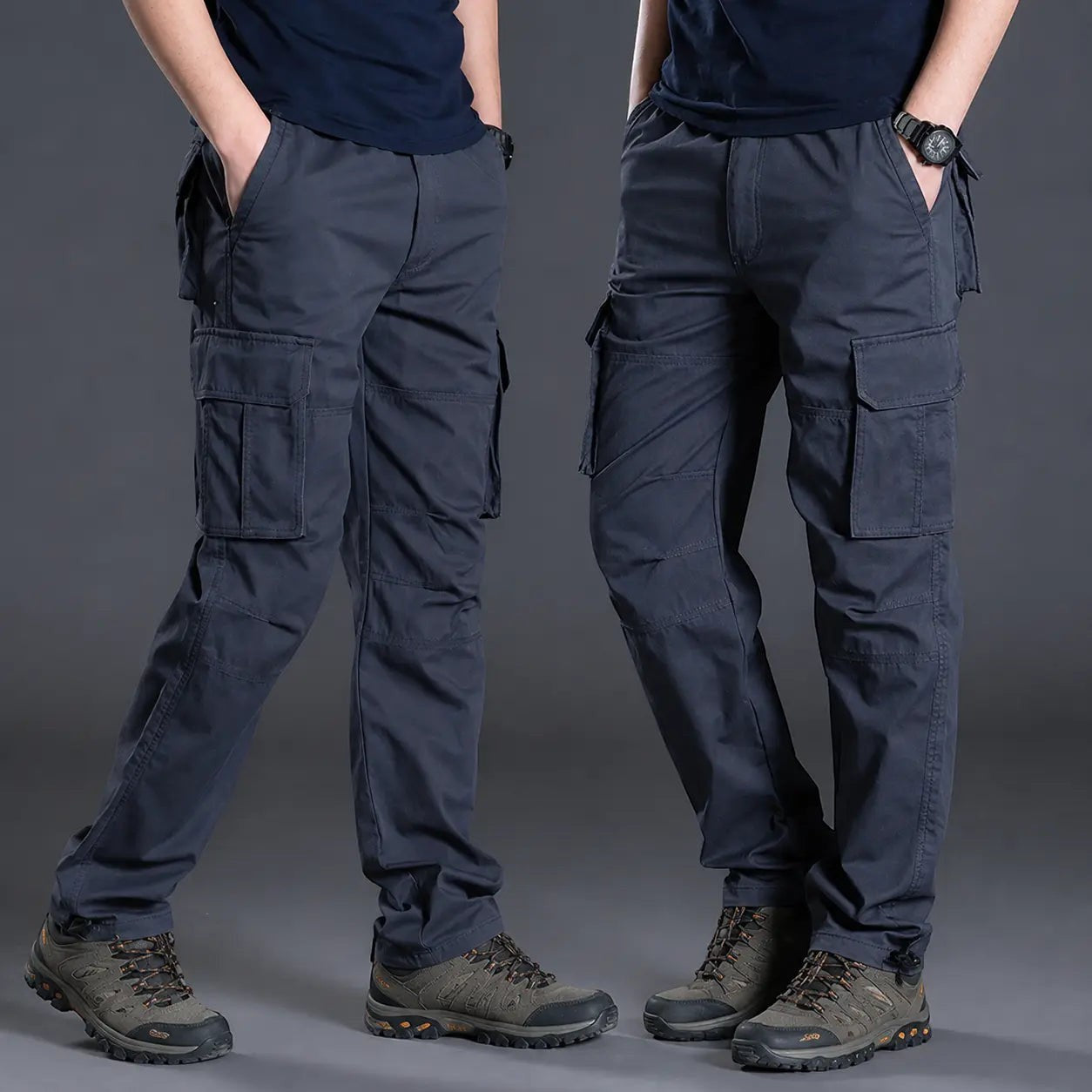 Deux vues d’un pantalon outdoor gris bleu Passion Randonnée pour homme, mettant en avant la coupe, les rangements latéraux et le tombé du tissu.