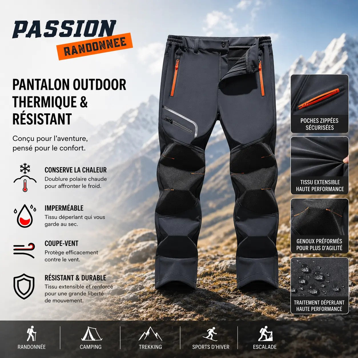 Pantalon de randonnée d'hiver isolant pour homme Passion Randonnée, gris foncé, avec des détails de fermeture éclair orange et des genoux renforcés.