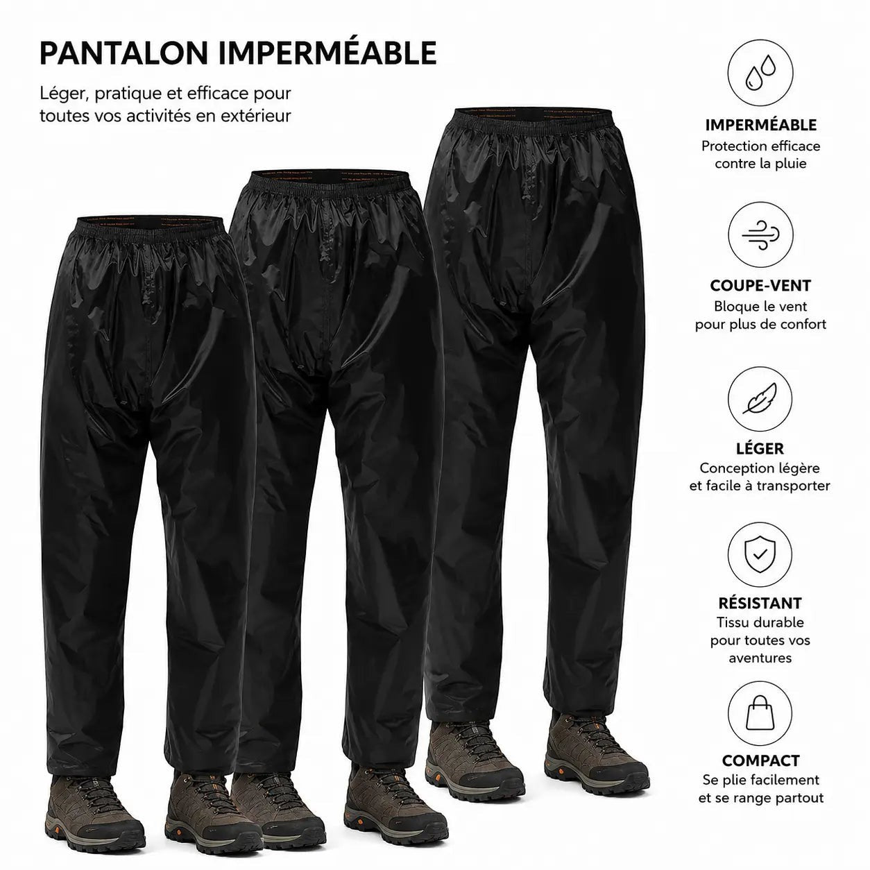 Présentation du pantalon de pluie noir Passion Randonnée, léger, compact et imperméable, adapté aux sorties en randonnée et aux activités en plein air.