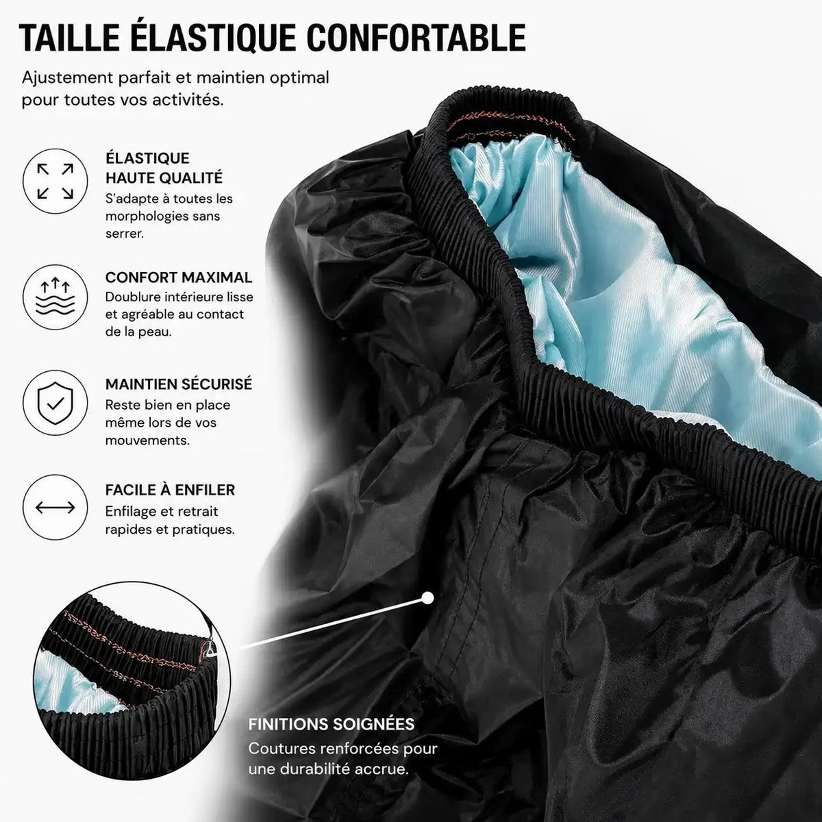 Zoom sur la taille élastique du pantalon de pluie Passion Randonnée, pensée pour offrir maintien, confort et enfilage rapide.