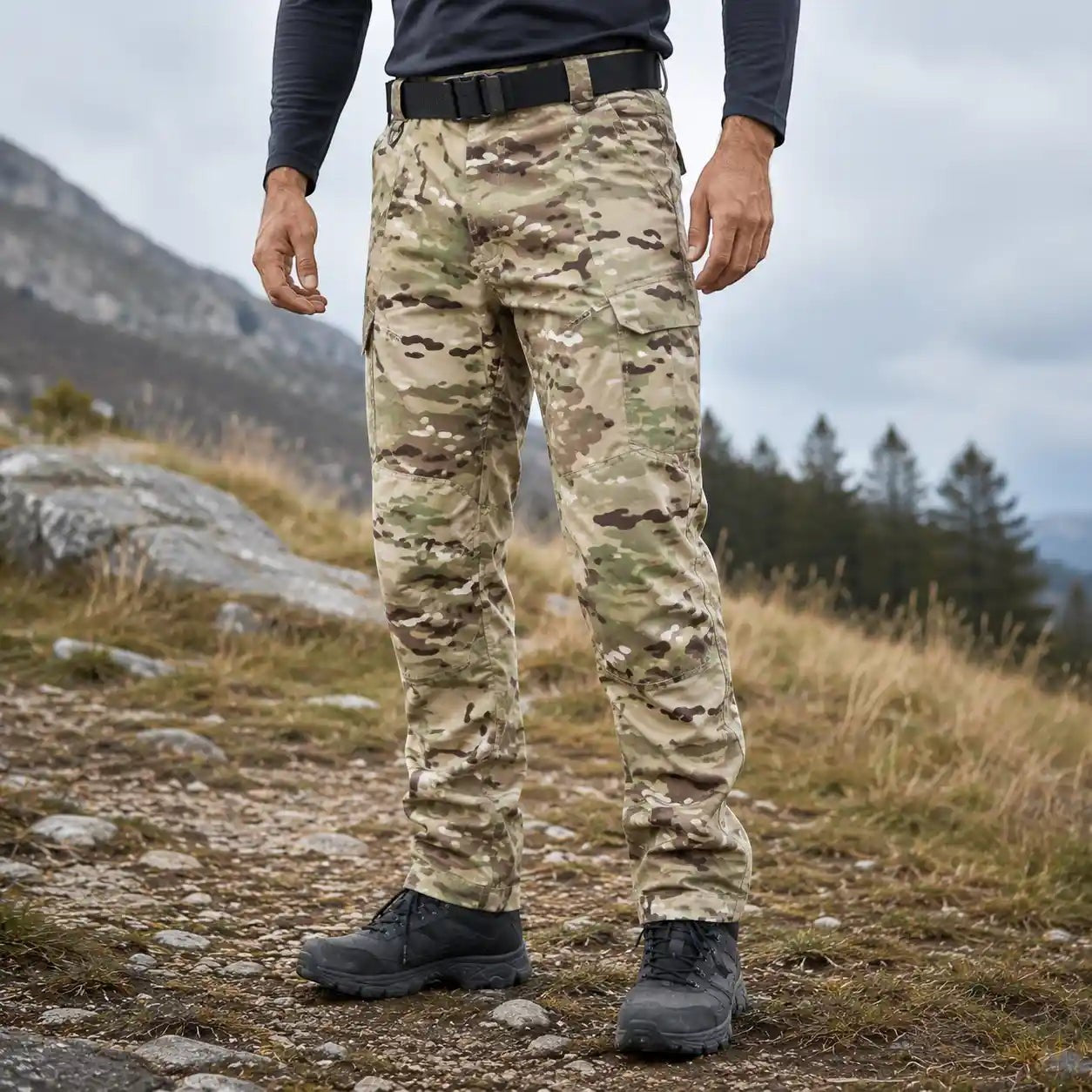 Pantalon de randonnée camouflage clair Passion Randonnée porté en montagne, avec poches cargo et style outdoor pour la marche.