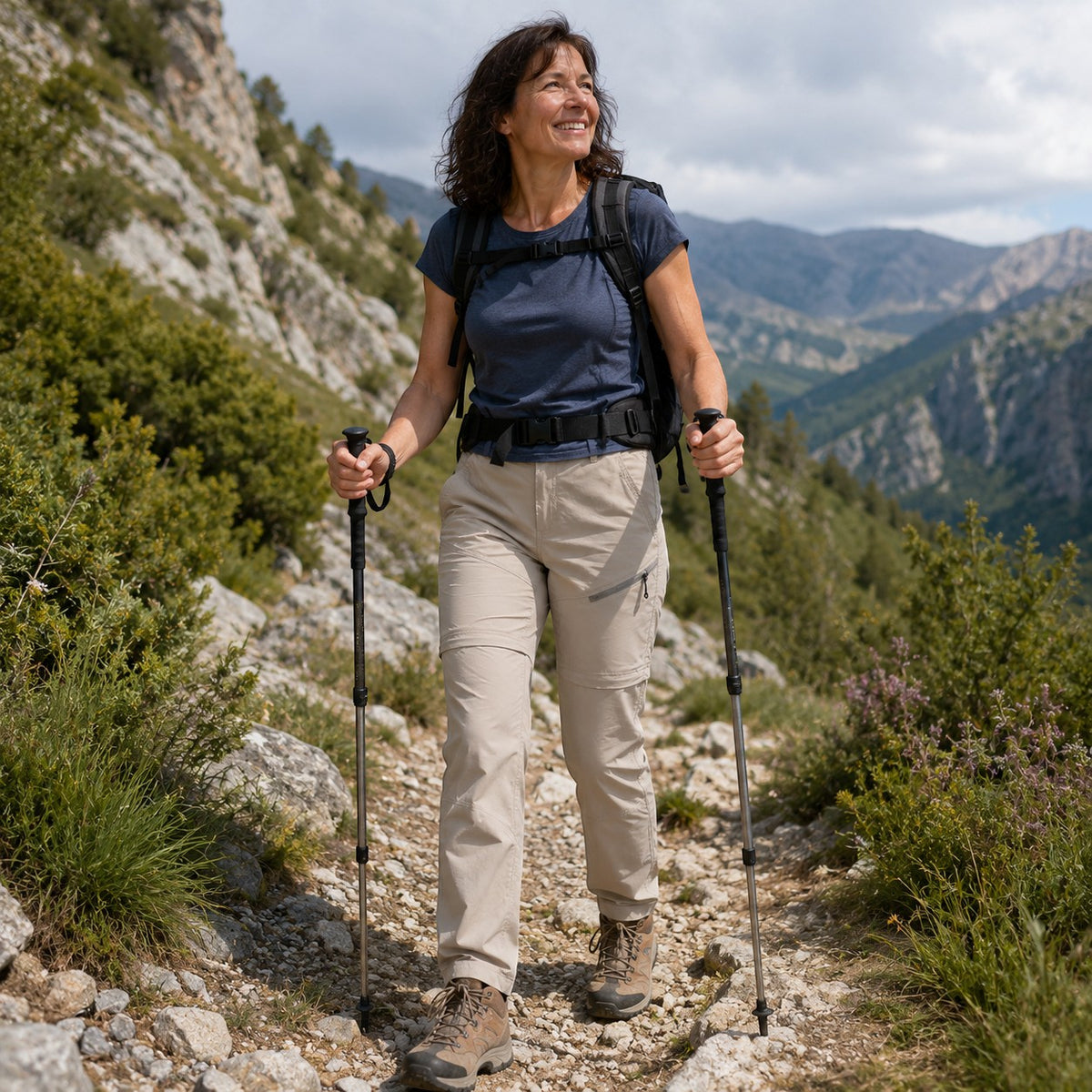Femme marchant en montagne avec un pantalon beige Passion Randonnée, équipée de bâtons de randonnée sur un chemin alpin.