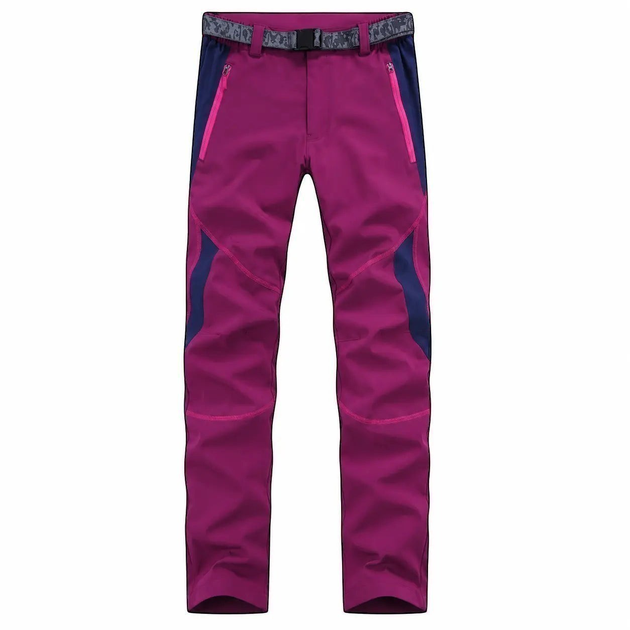 Pantalon de randonnée femme bordeaux Passion Randonnée, vue de face, avec ceinture intégrée et détails contrastés pour la marche en extérieur.
