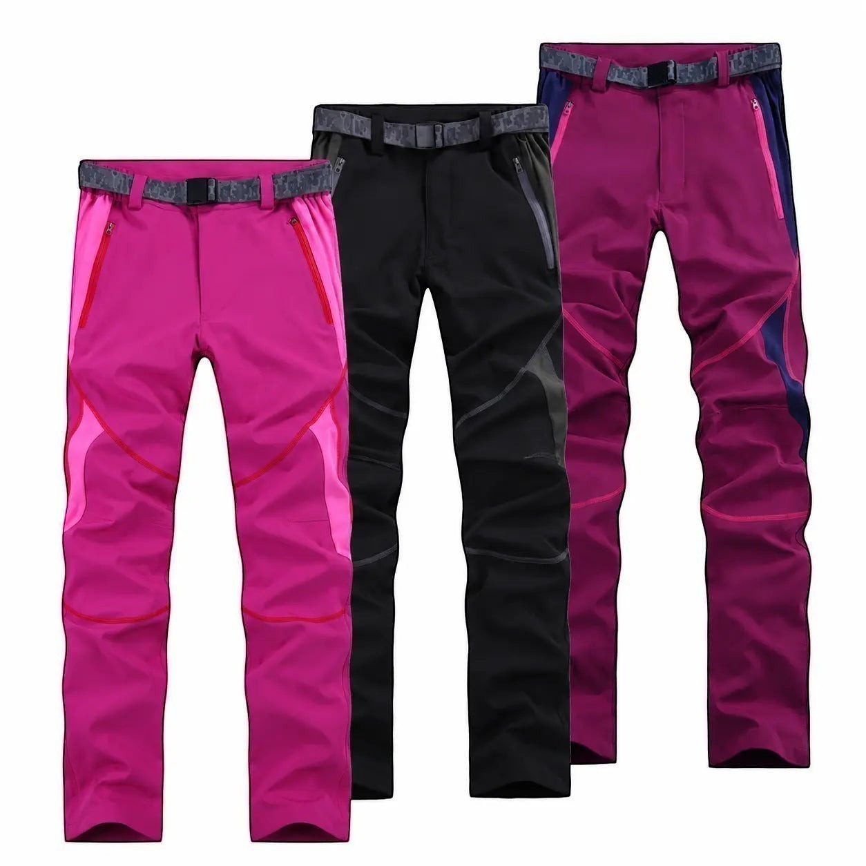 Pantalons de randonnée femme Passion Randonnée en plusieurs couleurs, rose, noir et violet, avec ceinture intégrée et coupe outdoor.