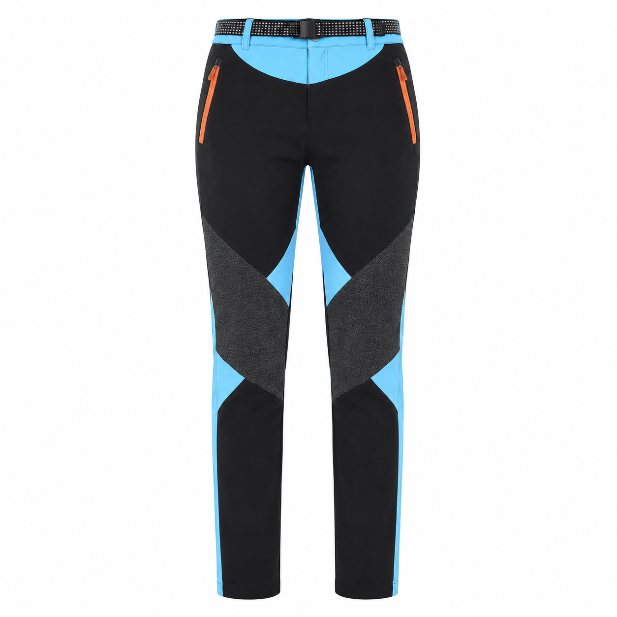 Pantalon de randonnée femme noir et bleu Passion Randonnée présenté sur fond blanc, avec ceinture ajustable, poches zippées orange et renforts aux genoux pour les sorties outdoor.
