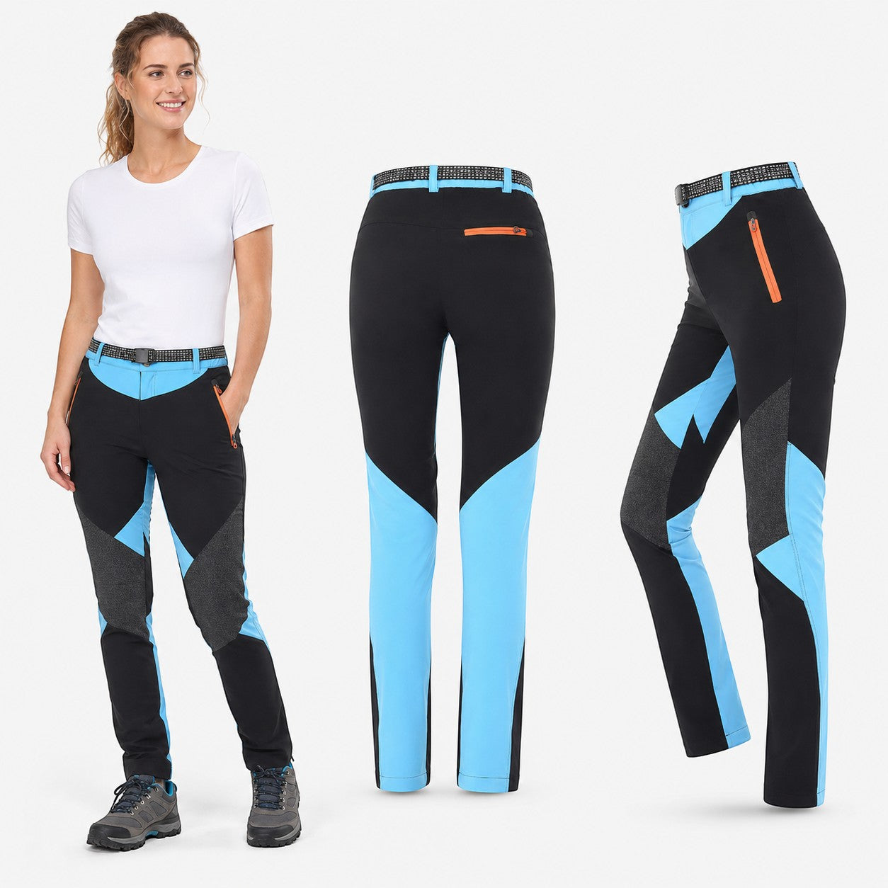 Pantalon de randonnée femme noir et bleu Passion Randonnée présenté de face, de dos et de côté, avec ceinture intégrée et empiècements contrastés.
